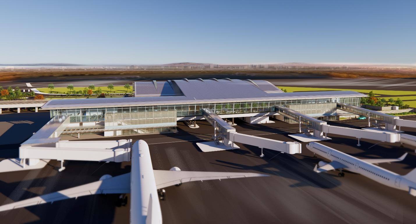 An airport with an airplane in the backgroundAI-generated content may be incorrect.