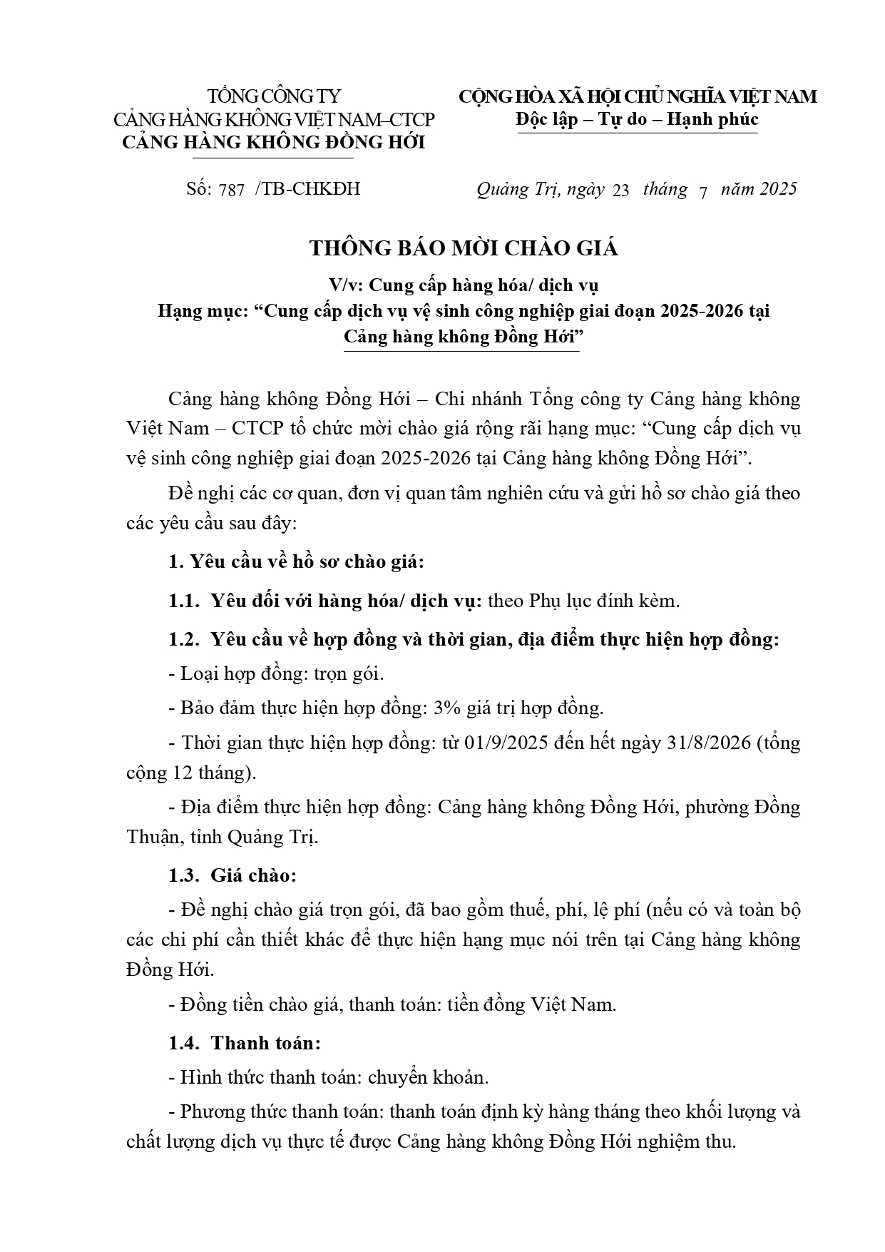 THÔNG BÁO MỜI CHÀO GIÁ V/v: Cung cấp hàng hoá/ dịch vụ Hạng mục: " Cung cấp dịch vụ vệ sinh công nghiệp giai đoạn 2025- 2026 tại Cảng hàng không Đồng Hới|LOCAL_PATH:crawled_data/images/featured_05ed4b12c5cf.jpg