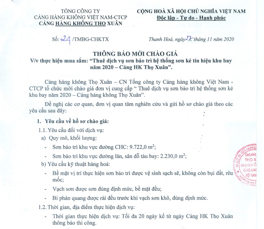 THÔNG BÁO MỜI CHÁO GIÁ: V/v thực hiện mua sắm: " Thuê dịch vụ sơn bảo trì hệ thống sơn kẻ tín hiệu khu bay năm 2020 - Cảng HK Thọ Xuân ".|LOCAL_PATH:crawled_data/images/featured_0661f1188530.jpg