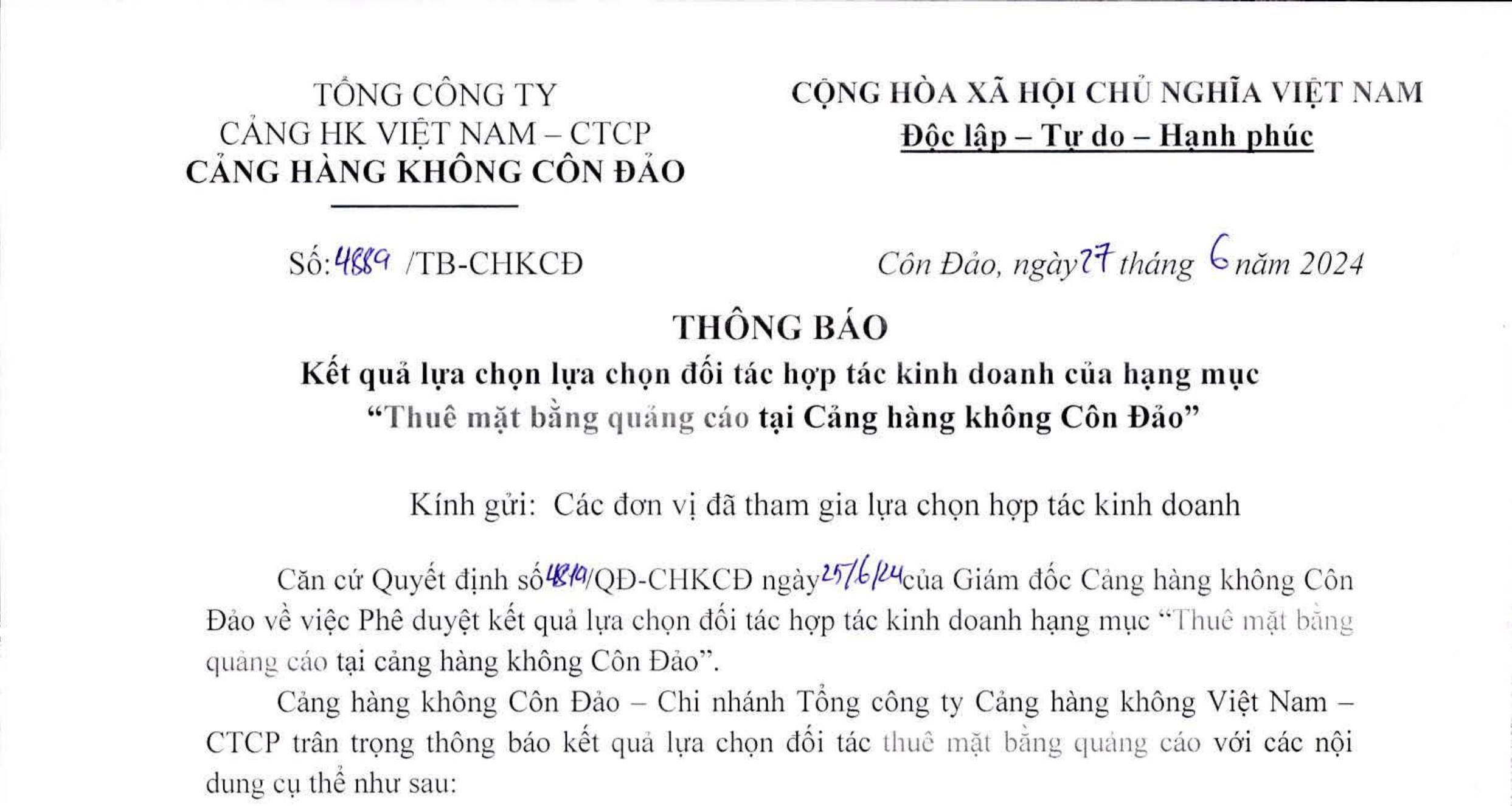 Thông báo Kết quả lựa chọn đối tác hợp tác kinh doanh của hạng mục "Thuê mặt bằng quảng cáo tại Cảng hàng không Côn Đảo"|LOCAL_PATH:crawled_data/images/featured_08a93c871d2e.jpg