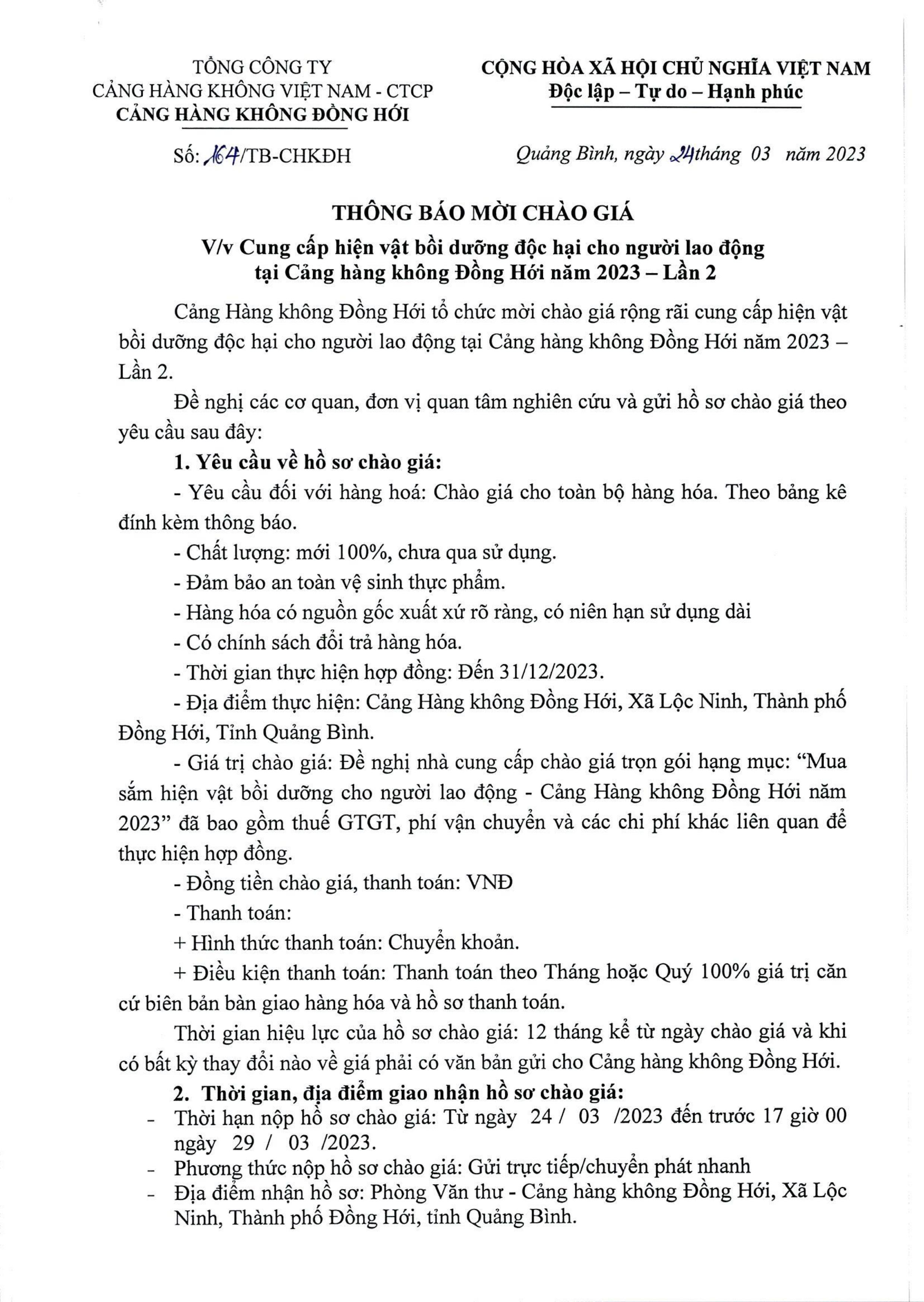 Thông báo mời chào giá:  " Cung cấp hiện vật bồi dưỡng độc hại cho người lao động tại Cảng hàng không Đồng Hới - Lần 2"|LOCAL_PATH:crawled_data/images/featured_0b8fe8371d6a.jpg