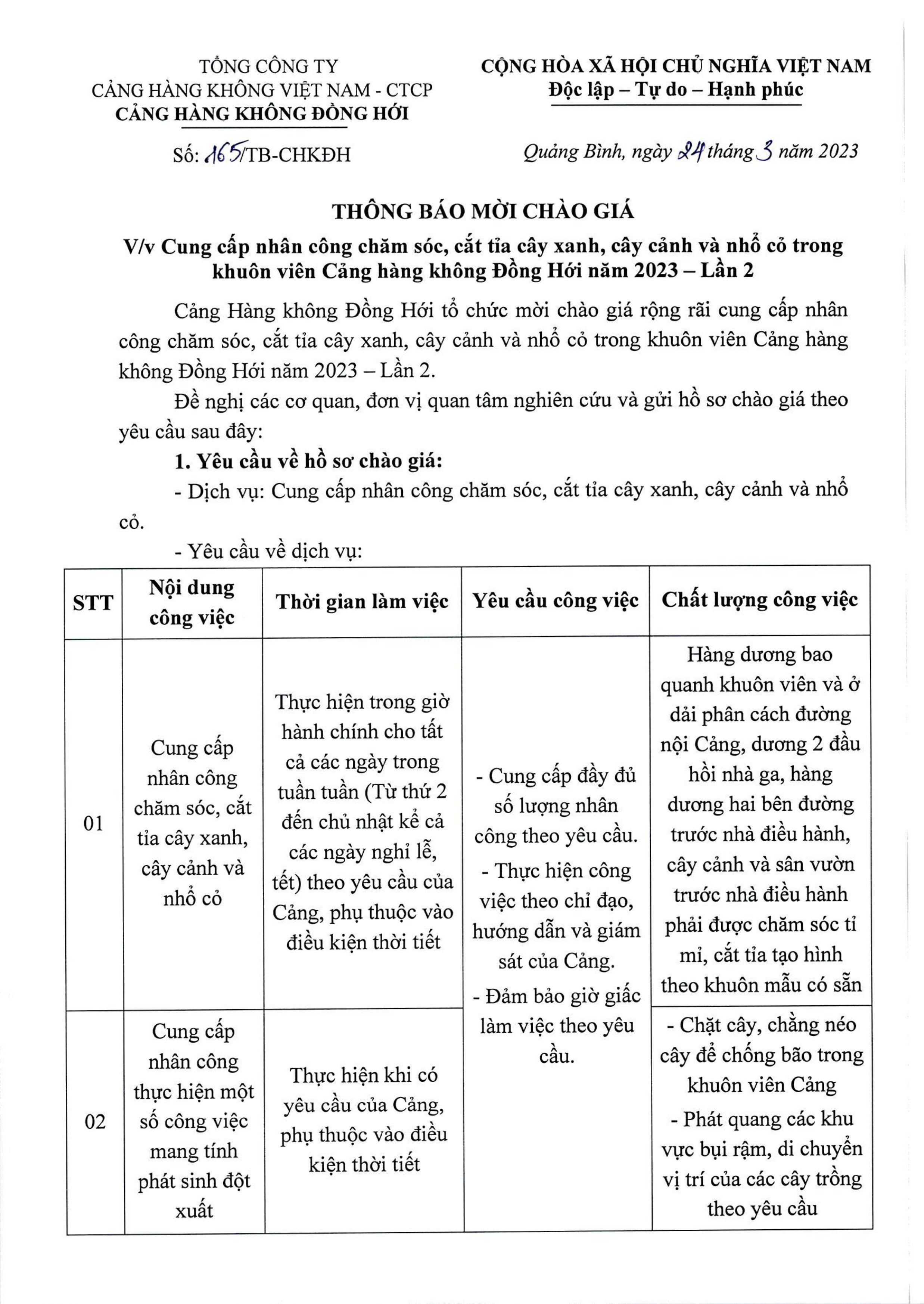 Thông báo mời chào giá:  " Cung cấp nhân công chăm sóc, cắt tỉa cây xanh và nhổ cỏ trong khuôn viên Cảng hàng không Đồng Hới năm 2023 - Lần 2"|LOCAL_PATH:crawled_data/images/featured_0d93292011d6.jpg
