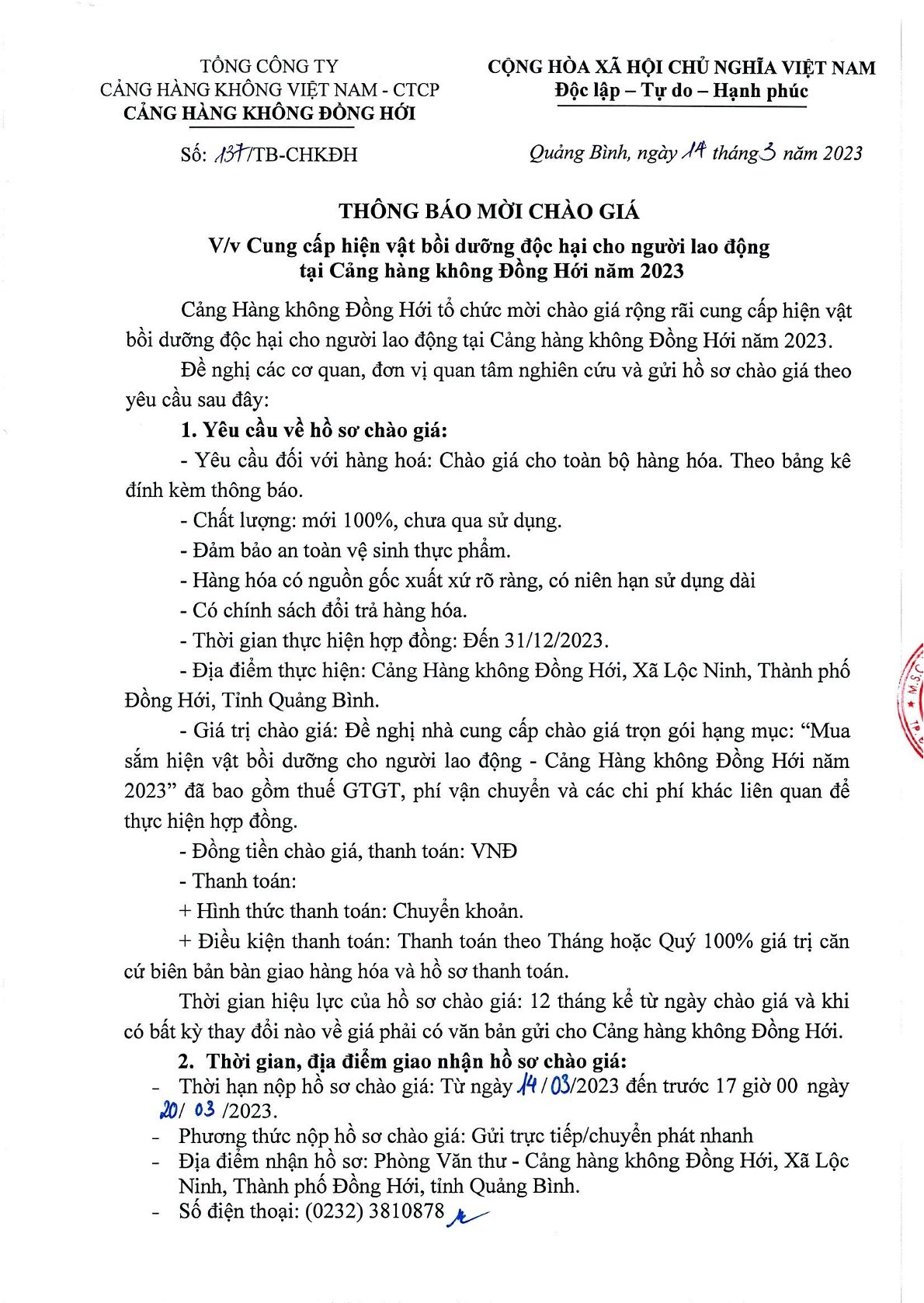 Thông báo mời chào giá: " Cung cấp hiện vật bồi dưỡng độc hại cho người lao động tại Cảng hàng không Đồng Hới năm 2023"|LOCAL_PATH:crawled_data/images/featured_116762476f64.jpg
