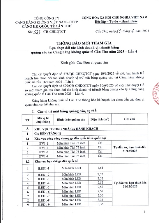 THÔNG BÁO MỜI THAM GIA " Lựa chọn đối tác kinh doanh vị trí/ mặt bằng quảng cáo tại Cảng hàng không Quốc Tế Cần Thơ năm 2025 - lần 4 "|LOCAL_PATH:crawled_data/images/featured_14078b0fd3e2.jpg