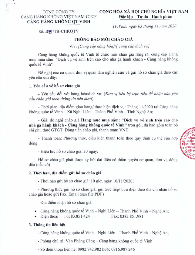 Thông báo mời chào giá "Cung cấp dịch vụ vệ sinh trên cao cho nhà ga hành khách - Cảng hàng không quốc tế Vinh"|LOCAL_PATH:crawled_data/images/featured_160e6baeb81b.png