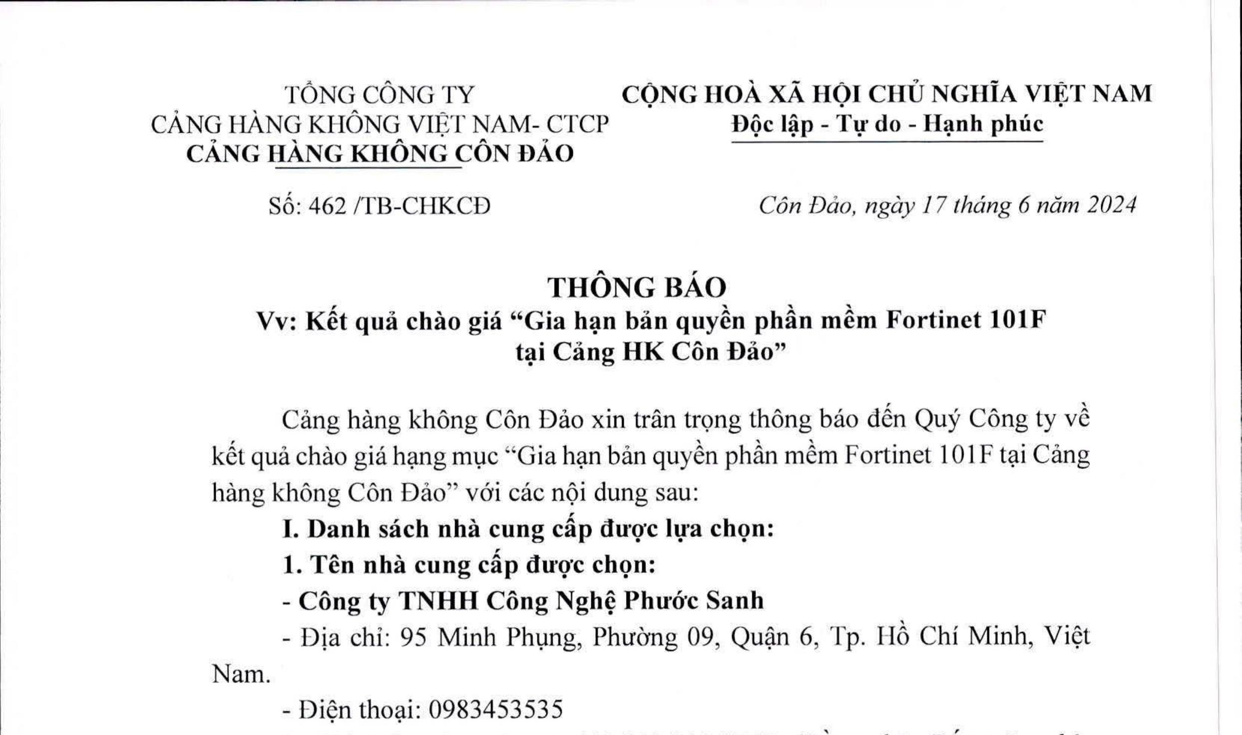 Thông báo V/v: Kết quả chào giá "Gia hạn bản quyền phần mềm Fotinet 101F tại Cảng hàng không Côn Đảo"|LOCAL_PATH:crawled_data/images/featured_18586788389b.jpg