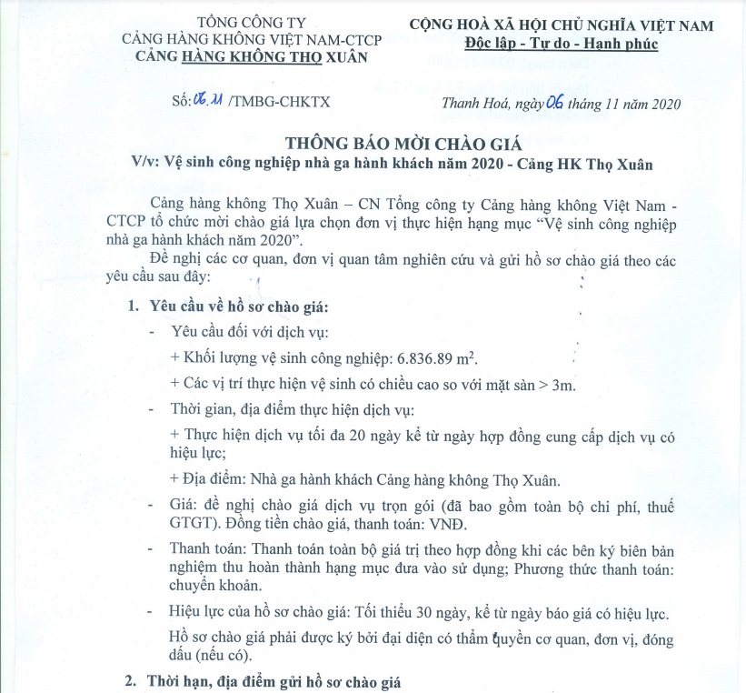 THÔNG BÁO MỜI CHÀO GIÁ. V/v : Vệ sinh công nghiệp nhà ga hành khách năm 2020 - Cảng HK Thọ Xuân.|LOCAL_PATH:crawled_data/images/featured_1960ae6861b4.jpg