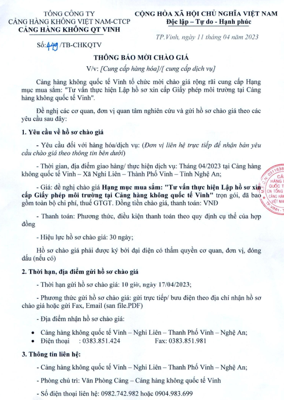Thông báo mời chào giá: Tư vấn thực hiện Lập hồ sơ xin cấp Giấy phép môi trường tại Cảng hàng không quốc tế Vinh|LOCAL_PATH:crawled_data/images/featured_24753e0346d7.png