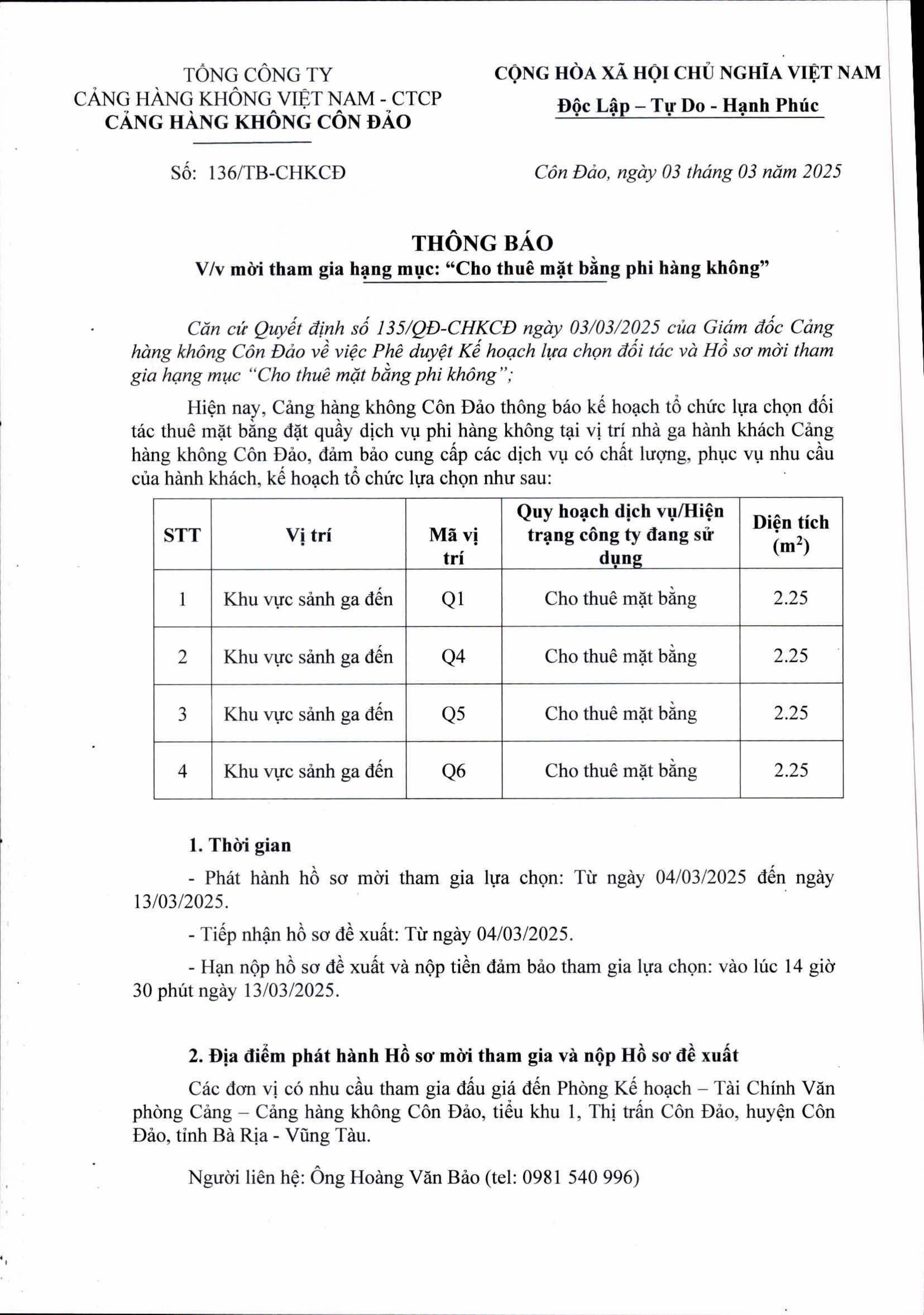 Thông báo số: 136/TB-CHKCĐ về việc mời tham gia hạng mục: "Cho thuê mặt bằng phi hàng không"|LOCAL_PATH:crawled_data/images/featured_25a9e733e09e.jpg