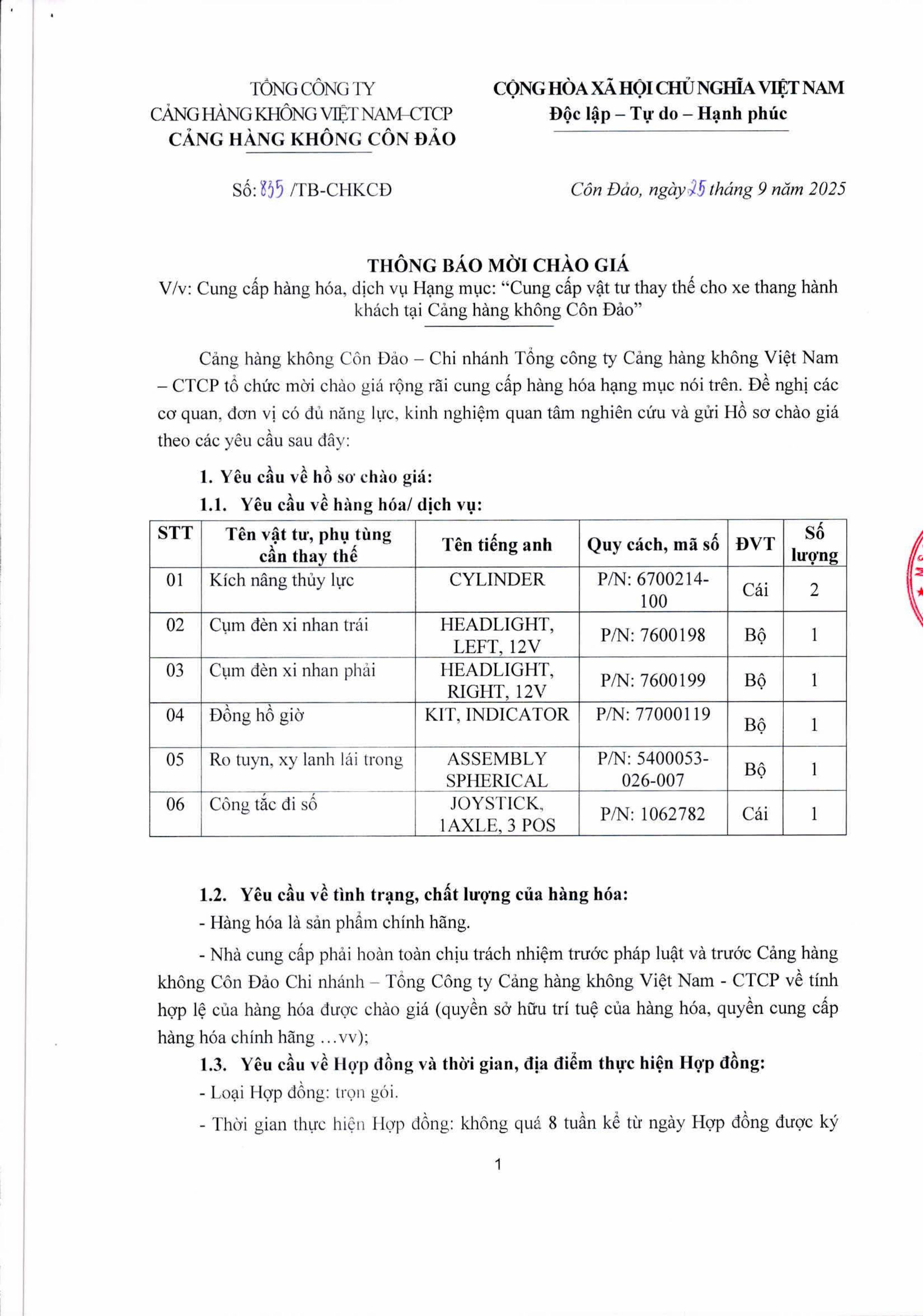Thông báo mời chào giá v/v Cung cấp hàng hóa, dịch vụ Hạng mục: "Cung cấp vật tư thay thế cho xe thang hành khách tại Cảng hàng không Côn Đảo"|LOCAL_PATH:crawled_data/images/featured_2657ef223944.jpg