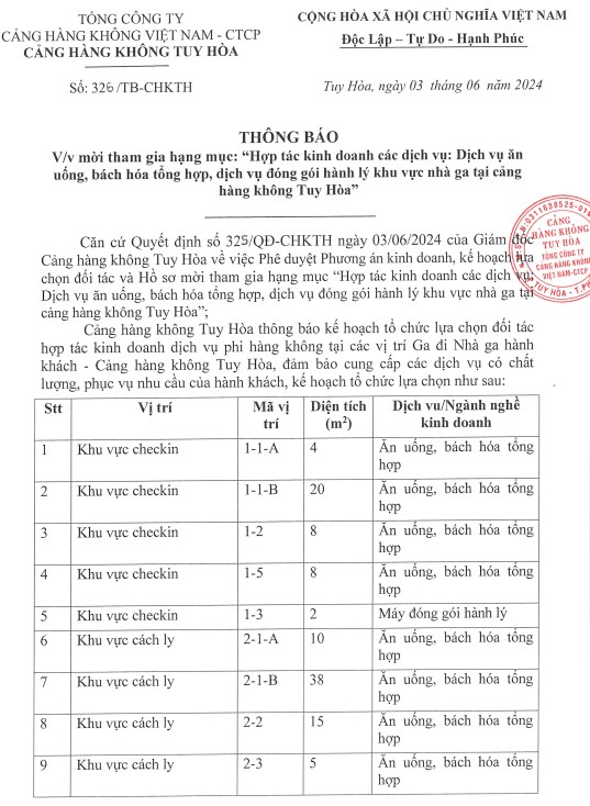 THÔNG BÁO MỜI CHÀO GIÁ (Về việc mời tham gia hạng mục: Hợp tác kinh doanh các dịch vụ: Dịch vụ ăn uống bách hóa tổng hợp, dịch vụ đóng gói hành lý khu vực nhà ga tại Cảng hàng không Tuy Hòa)|LOCAL_PATH:crawled_data/images/featured_28ed4c6660fc.jpg