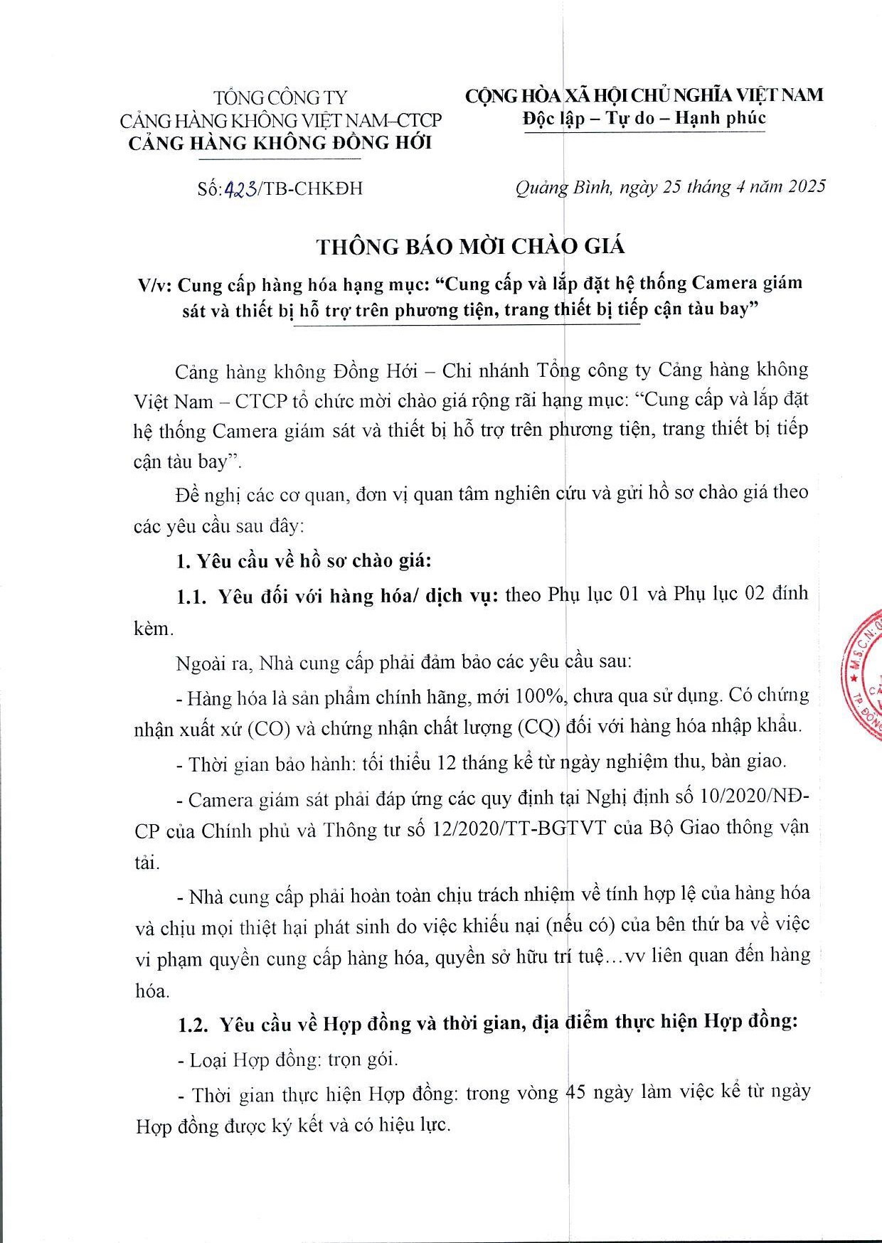 THÔNG BÁO MỜI CHÀO GIÁ  V/v: Cung cấp hàng hoá hạng mục: " Cung cấp và lắp đặt hệ thống Camera giám sát và thiết bị hỗ trợ trên phương tiện, trang thiết bị tiếp cận tàu bay"|LOCAL_PATH:crawled_data/images/featured_329a1246eb0f.jpg