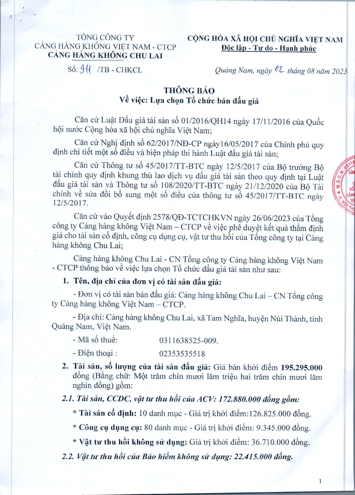 CẢNG HÀNG KHÔNG CHU LAI: THÔNG BÁO LỰA CHỌN TỔ CHỨC ĐẤU GIÁ TÀI SẢN|LOCAL_PATH:crawled_data/images/featured_32e638c6b6f8.jpg