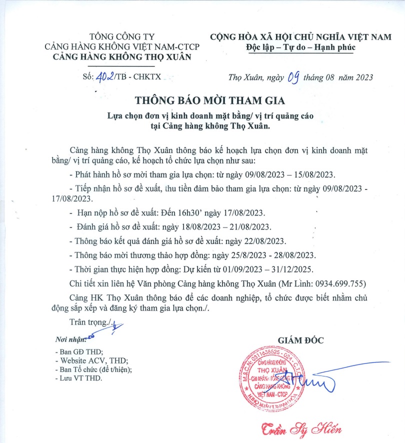 THÔNG BÁO MỜI THAM GIA.Lựa chọn đơn vị kinh doanh mặt bằng/ vị trí quảng cáo tại Cảng hàng không Thọ Xuân.|LOCAL_PATH:crawled_data/images/featured_34b1741a91c1.jpg