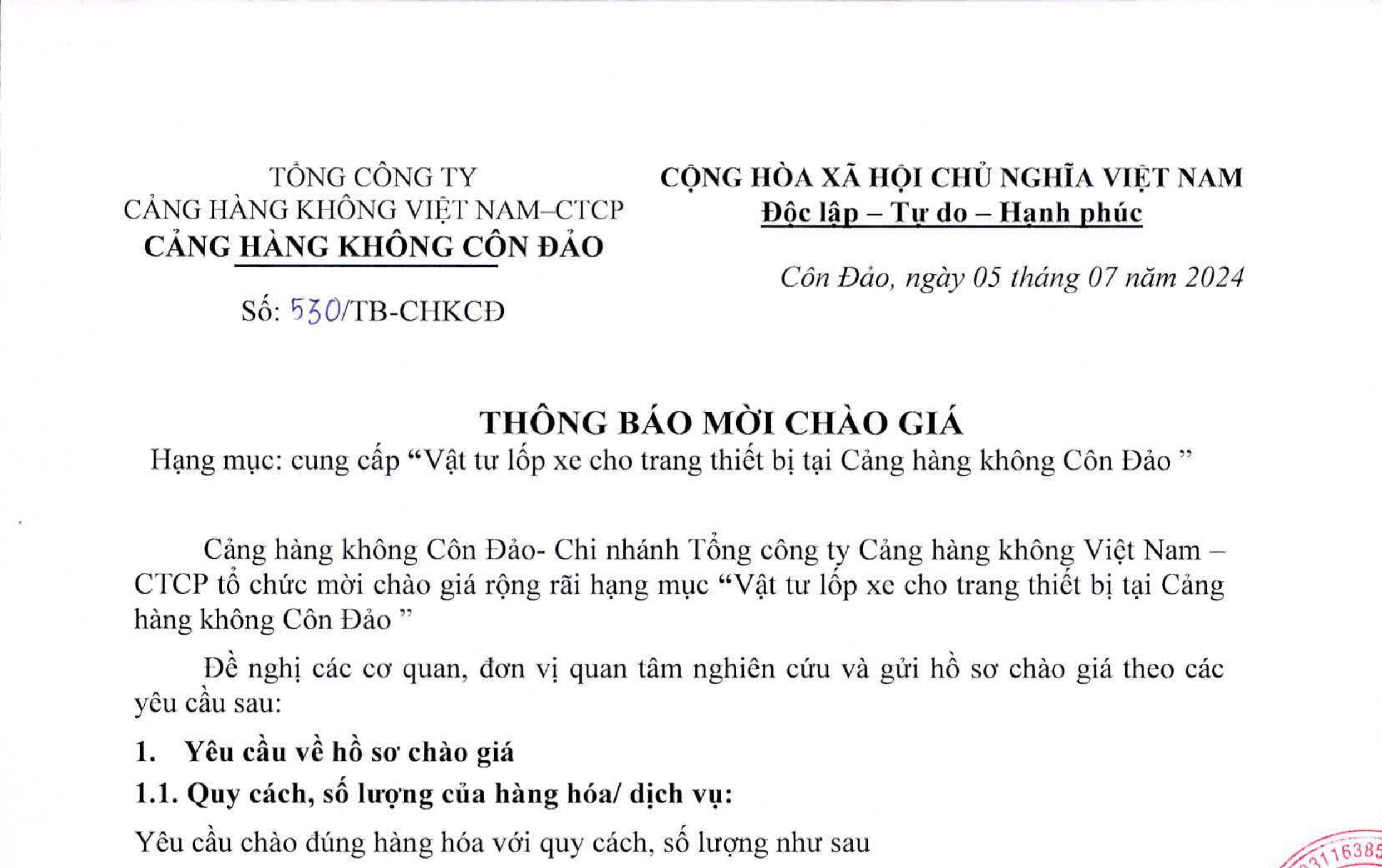 Thông báo mời chào giá Hạng mục: Cung cấp "Vật tư lốp xe cho trang thiết bị tại Cảng hàng không Côn Đảo"|LOCAL_PATH:crawled_data/images/featured_3d25fc1f4d0f.jpg