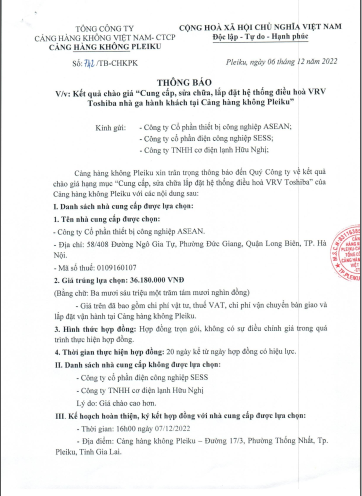 Thông báo về việc Kết quả mời chào giá "Cung cấp, sửa chữa, lắp đặt hệ thống điều hòa VRV Toshiba nhà ga hành khách tại Cảng hàng không Pleiku""|LOCAL_PATH:crawled_data/images/featured_441f71803568.png