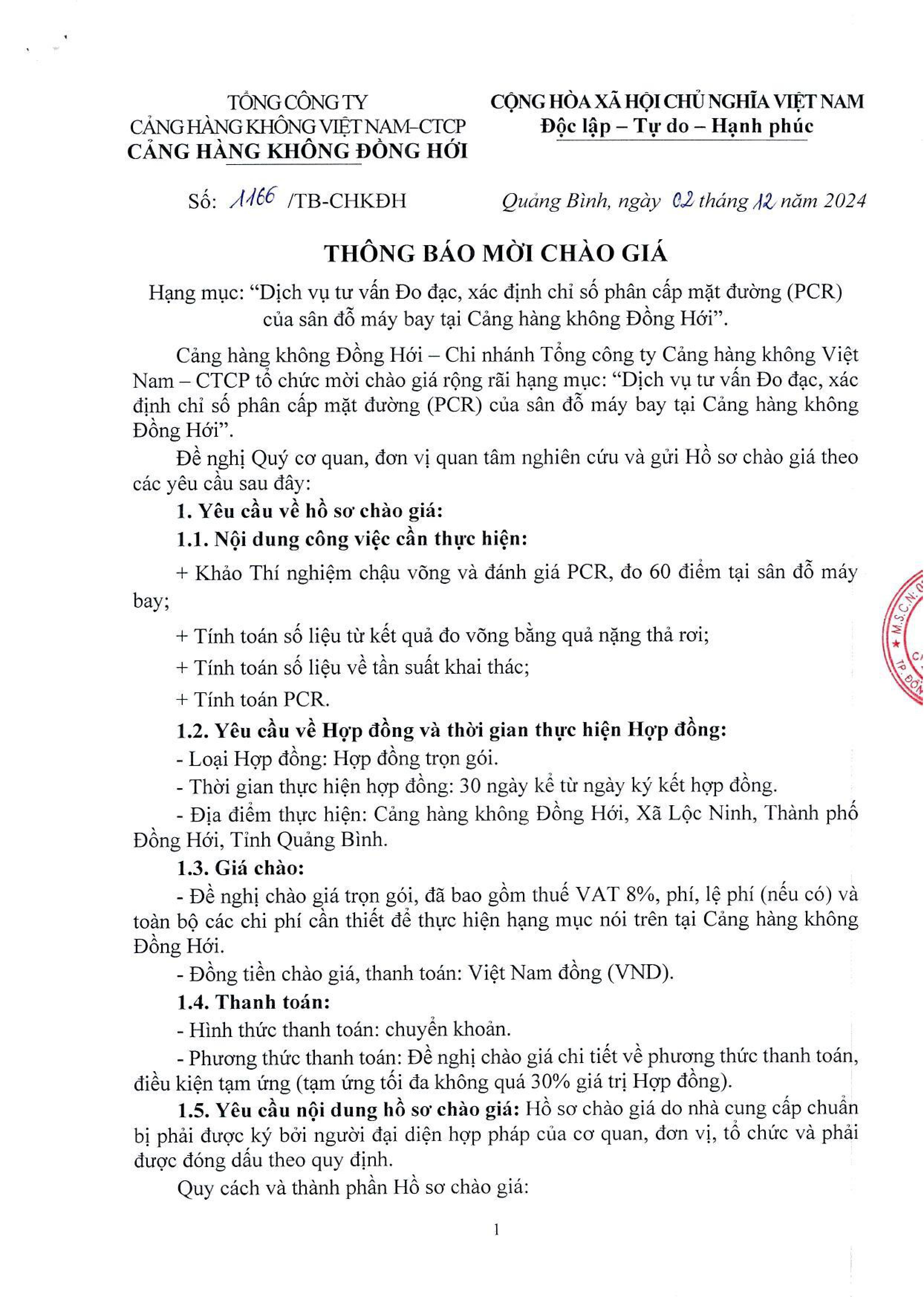 Thông báo mời chào giá. Hạng mục: "Dịch vụ tư vấn Đo đạc, xác định chỉ số phân cấp mặt đường (PCR) của sân đổ máy bay tại Cảng hàng không Đồng Hới".|LOCAL_PATH:crawled_data/images/featured_45d3868dcafd.jpg
