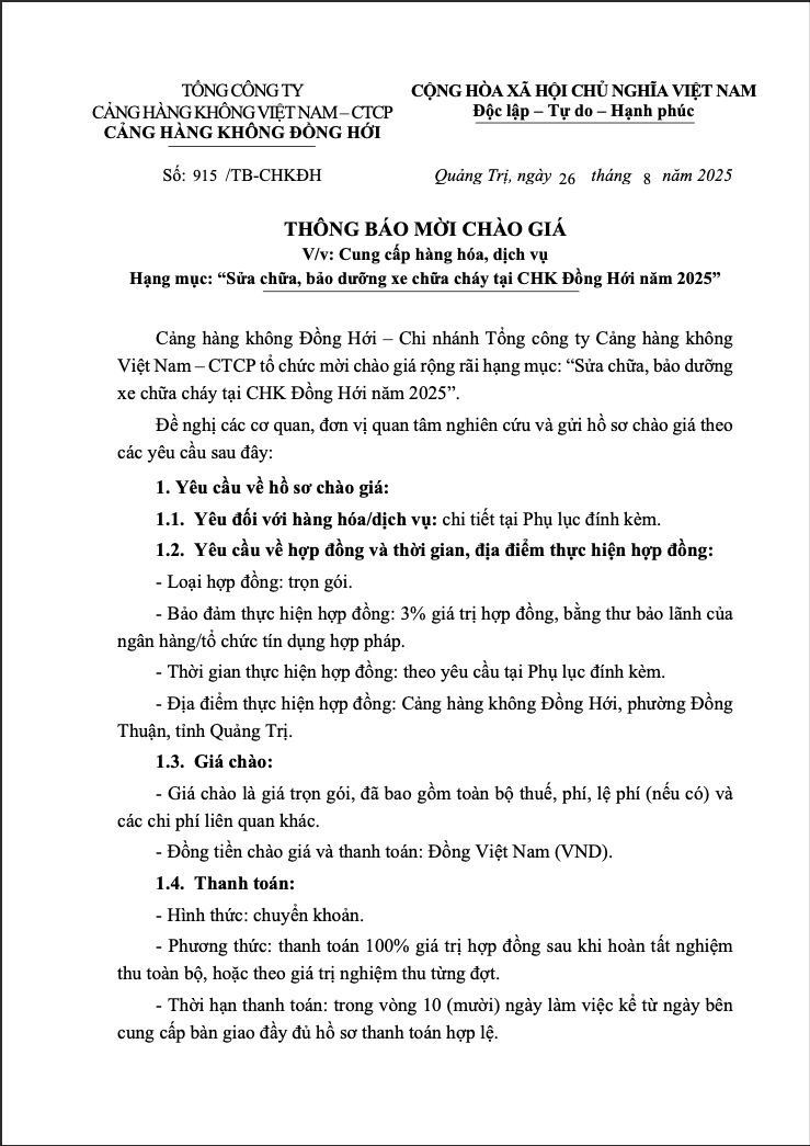 Thông báo mời chào giá v/v cung cấp hàng hóa, dịch vụ hạng mục: "Sửa chữa, bảo dưỡng xe chữa cháy tại Cảng hàng không Đồng Hới năm 2025"|LOCAL_PATH:crawled_data/images/featured_45e9109f119f.png