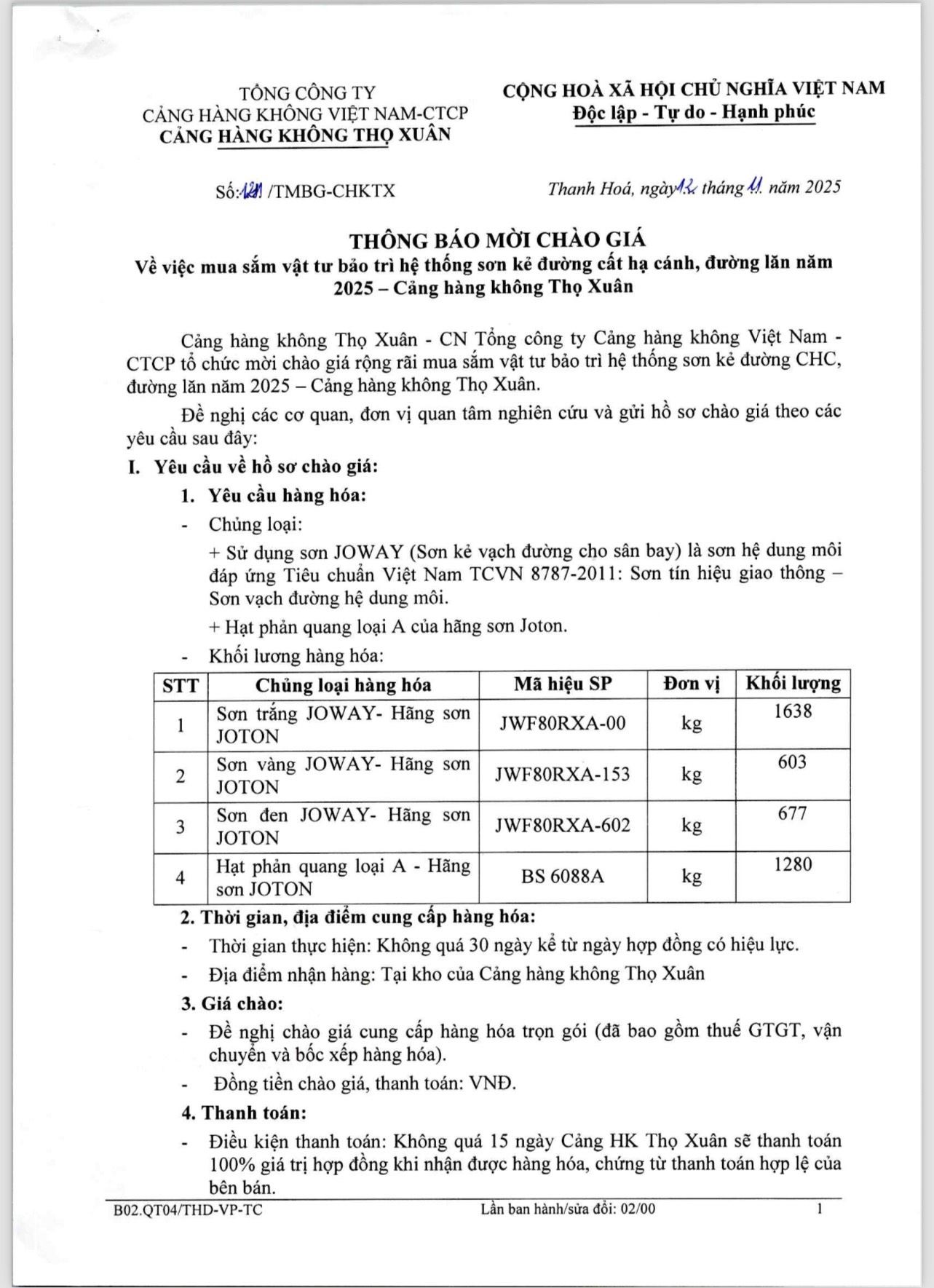 THÔNG BÁO MỜI CHÀO GIÁ: "Mua sắm vật tư bảo trì hệ thống sơ kẻ đường cất hạ cánh, đường lăn năm 2025 - Cảng hàng không Thọ Xuân"|LOCAL_PATH:crawled_data/images/featured_45fd95ba78f2.jpg