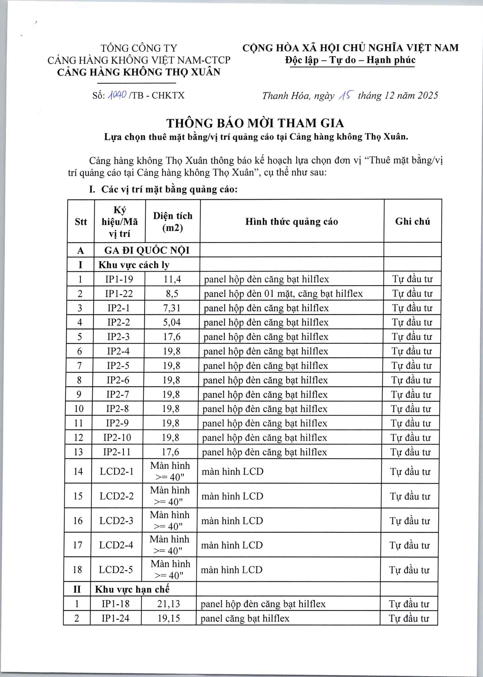 THÔNG BÁO MỜI THAM GIA : Lựa chọn thuê mặt bằng / vị trí quảng cáo tại Cảng hàng không Thọ Xuân.