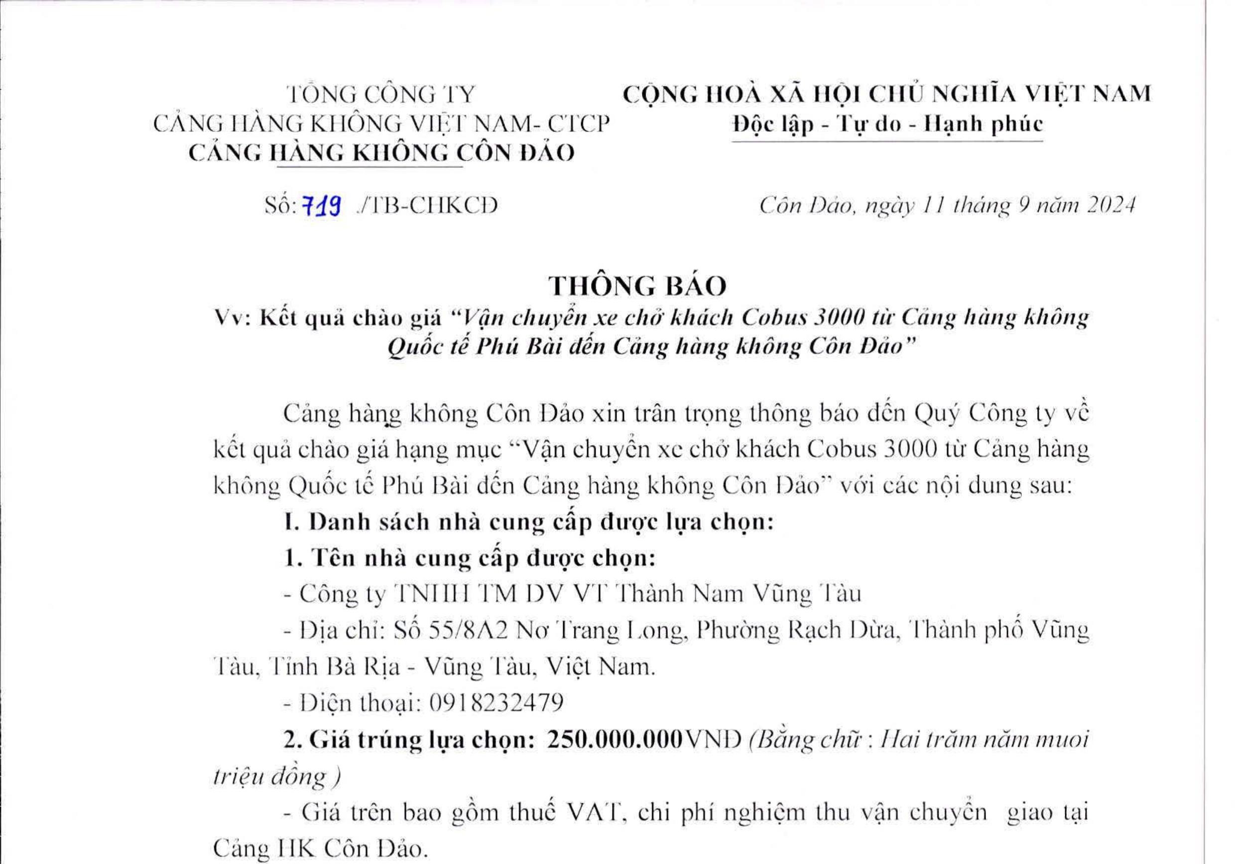 Thông báo V/v: Kết quả chào giá " Vận chuyển xe chở khách Cobus 3000 từ Cảng hàng không Quốc tế Phú Bài đến Cảng hàng không Côn Đảo".|LOCAL_PATH:crawled_data/images/featured_4a5705bbc15d.jpg
