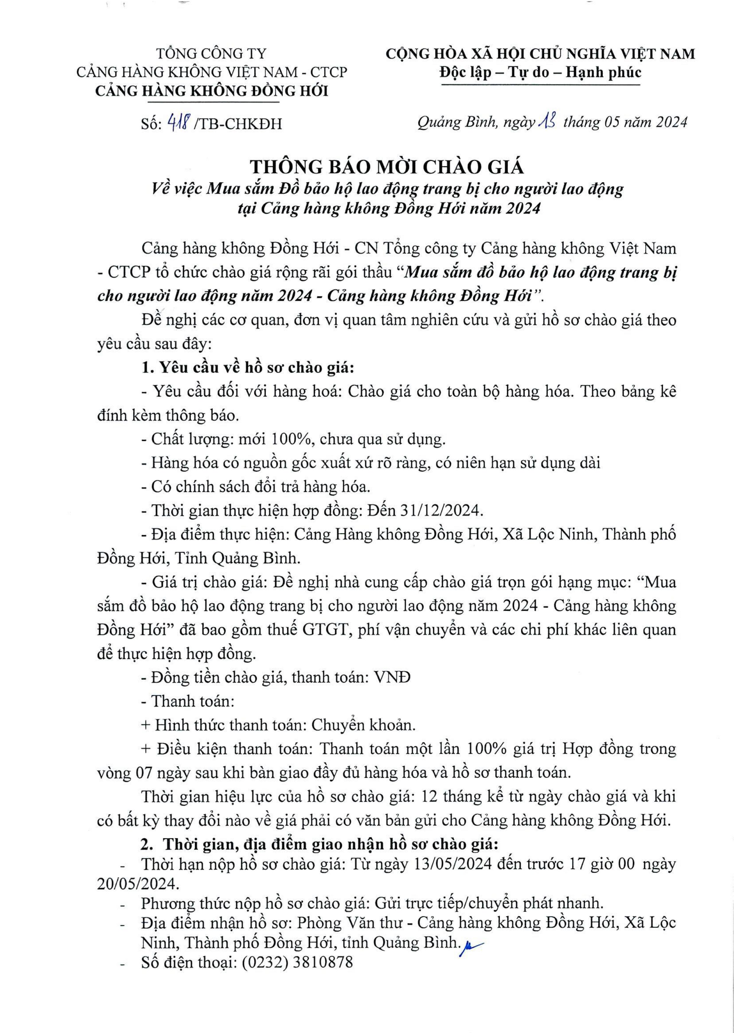 THÔNG BÁO MỜI CHÀO GIÁ  " V/v Mua sắm đồ bảo hộ lao động trang bị cho người lao động tại Cảng hàng không Đồng Hới năm 2024"|LOCAL_PATH:crawled_data/images/featured_51e25b52d9d4.jpg