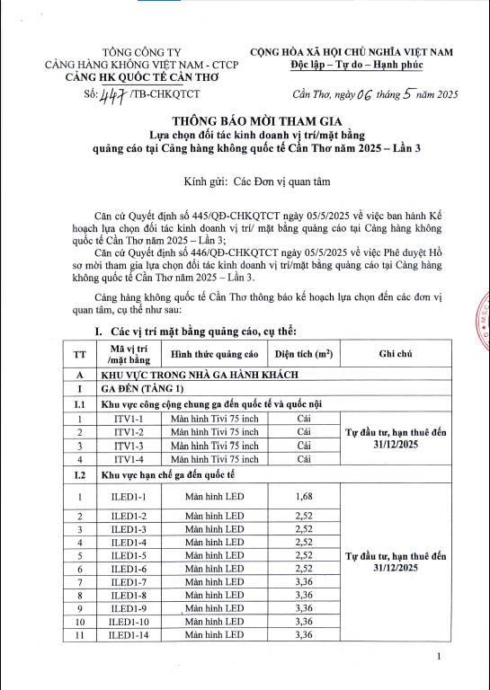 THÔNG BÁO MỜI THAM GIA " Lựa chọn đối tác kinh doanh vị trí / mặt bằng quảng cáo tại Cảng hàng không Quốc tế Cần Thơ năm 2025 - Lần 3 "|LOCAL_PATH:crawled_data/images/featured_54569f70ebf2.jpg
