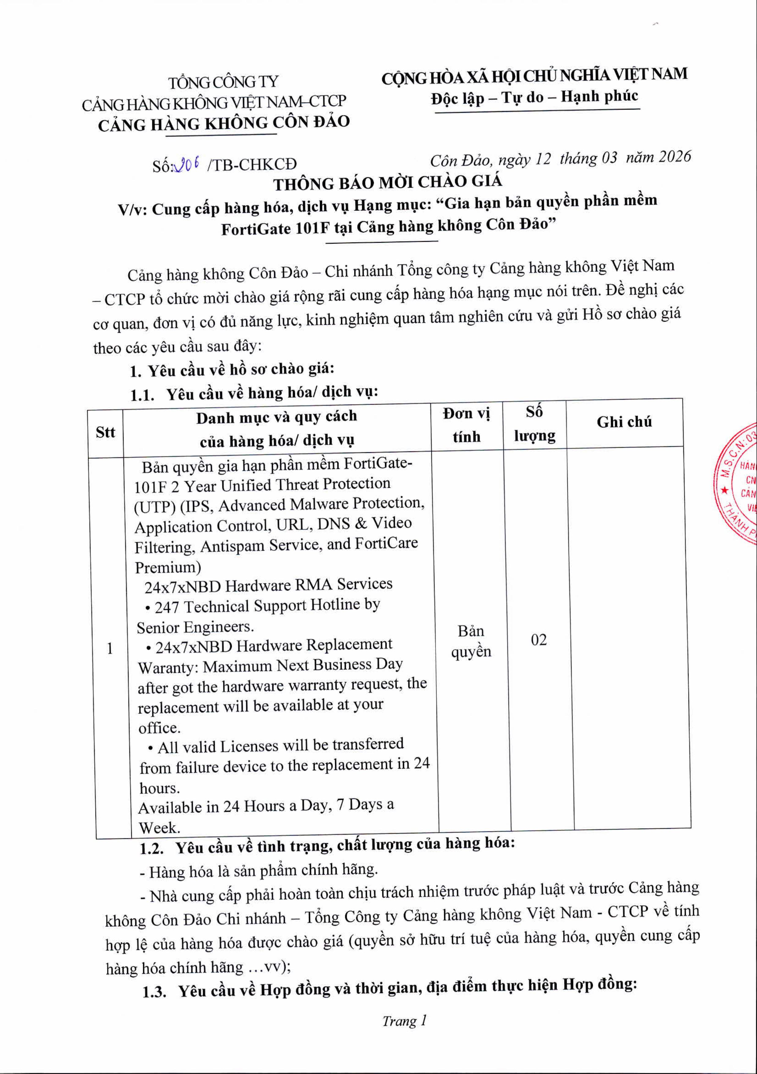 206-TB-CHKCĐ Thông báo mời chào giá Gia hạn bản quyền phần mềm FortiGate 101F tại Cảng hàng không Côn Đảo|LOCAL_PATH:crawled_data/images/featured_58bb8ed8a56e.jpg
