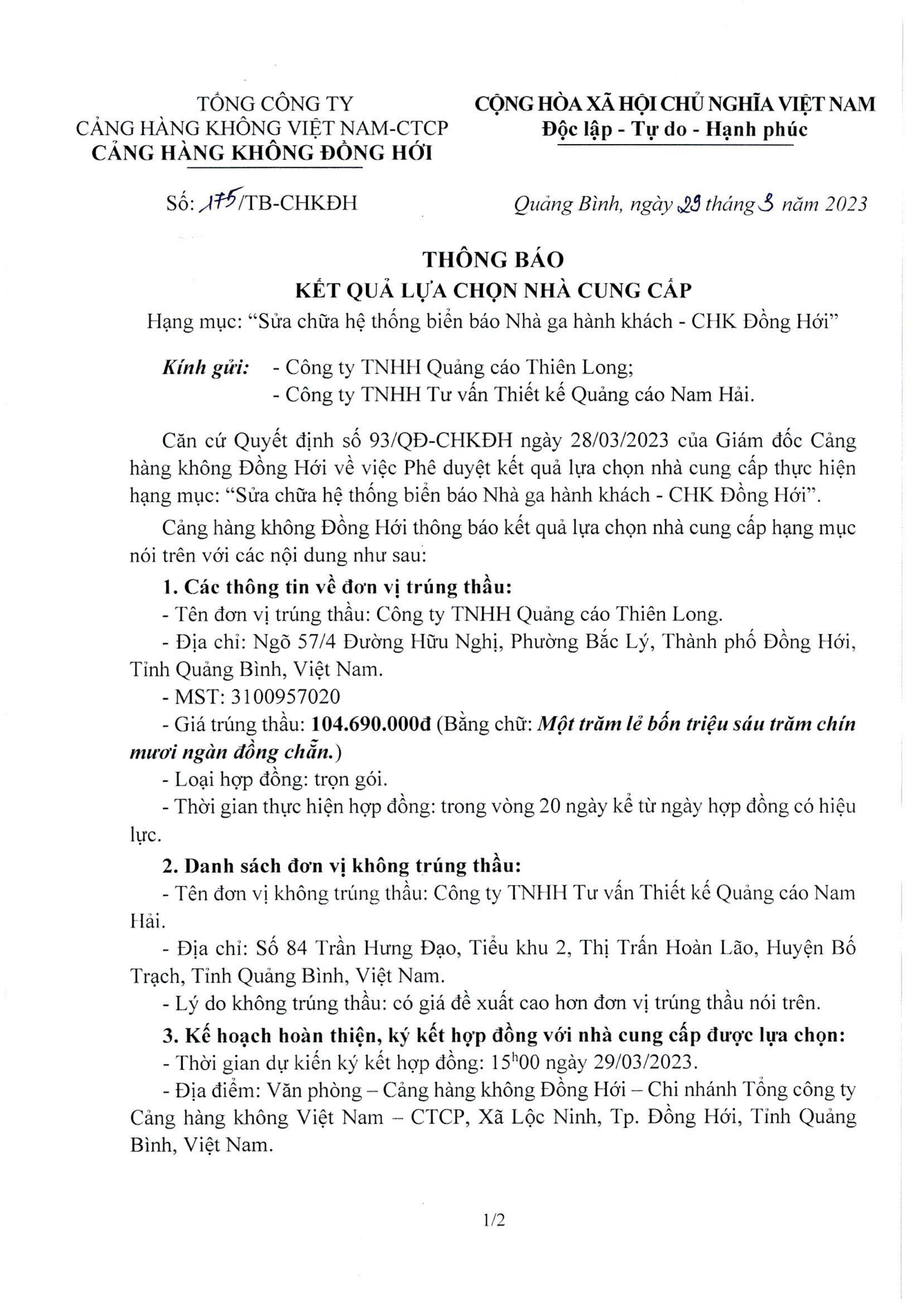 Thông báo kết quả lựa chọn nhà cung cấp hạng mục: "Sửa chữa hệ thống biển báo Nhà ga hành khách - CHK Đồng Hới"|LOCAL_PATH:crawled_data/images/featured_59e3ef06d958.jpg
