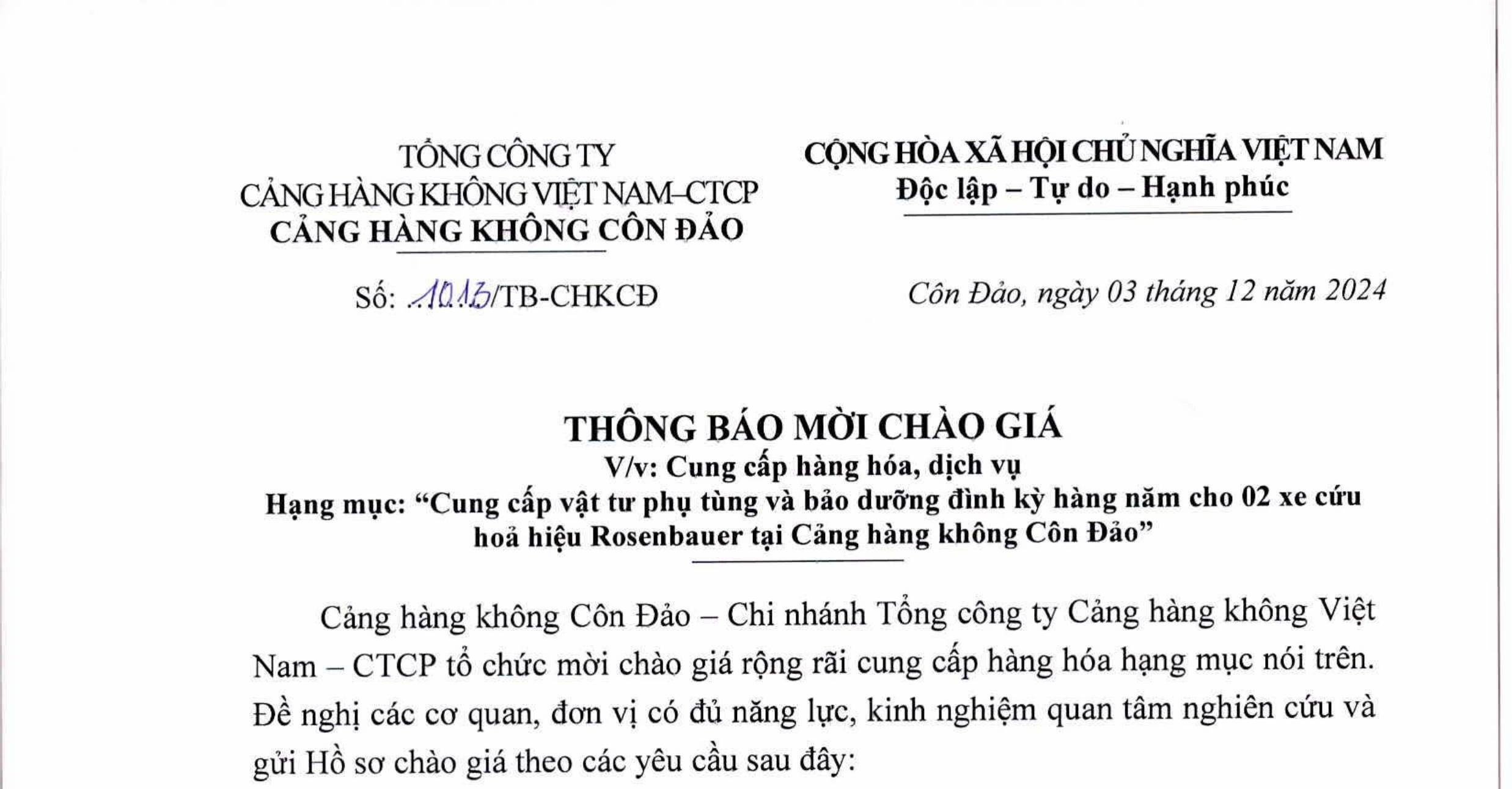 Thông báo mời chào giá V/v: Cung cấp hàng hóa, dịch vụ  Hạng mục: " Cung cấp vật tư phụ tùng và bảo dưỡng định kỳ hàng năm cho 02 xe cứu hỏa hiệu Rosenbauer tại Cảng hàng không Côn Đảo|LOCAL_PATH:crawled_data/images/featured_5d36f2d2ebef.jpg