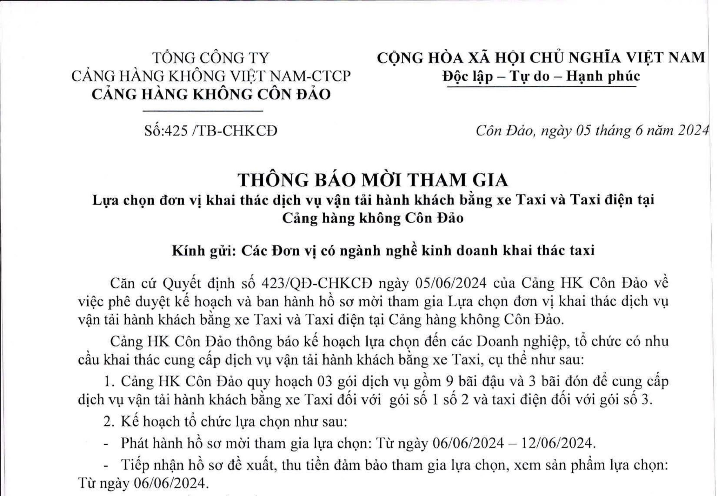 Thông báo mời tham gia lựa chọn đơn vị khai thác dịch vụ vận tải hành khách bằng xe Taxi và Taxi điện tại Cảng hàng không Côn Đảo|LOCAL_PATH:crawled_data/images/featured_5d514e53b6ad.jpg
