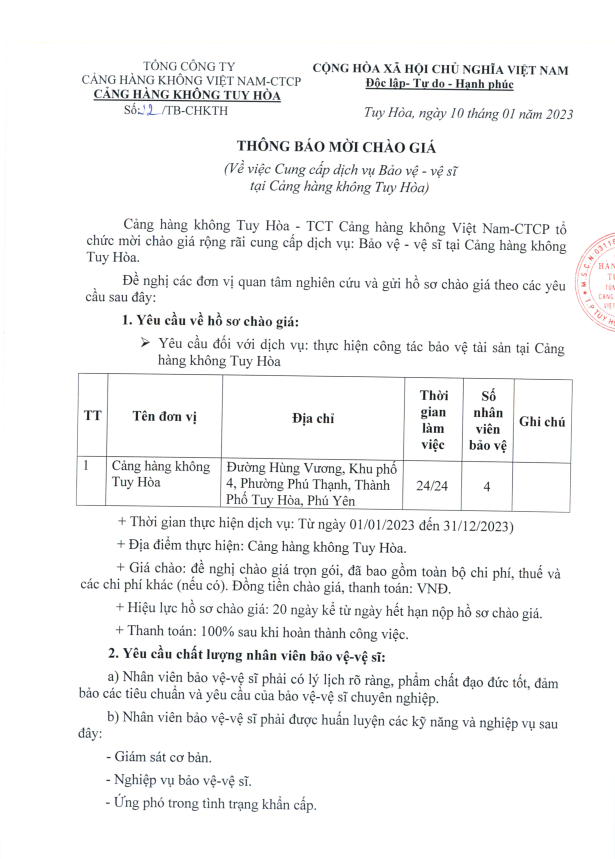 Thông báo mời chào giá cung cấp dịch vụ Bảo vệ - vệ sĩ tại Cảng hàng không Tuy Hòa|LOCAL_PATH:crawled_data/images/featured_5fd2941ca22b.png