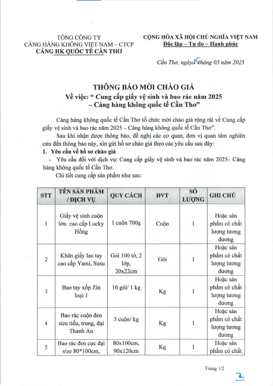 THÔNG BÁO MỜI CHÀO GIÁ  " Cung Cấp giấy vệ sinh và bao rác năm 2025 - Cảng hàng không quốc tế Cần Thơ "|LOCAL_PATH:crawled_data/images/featured_6006927dc22f.jpg