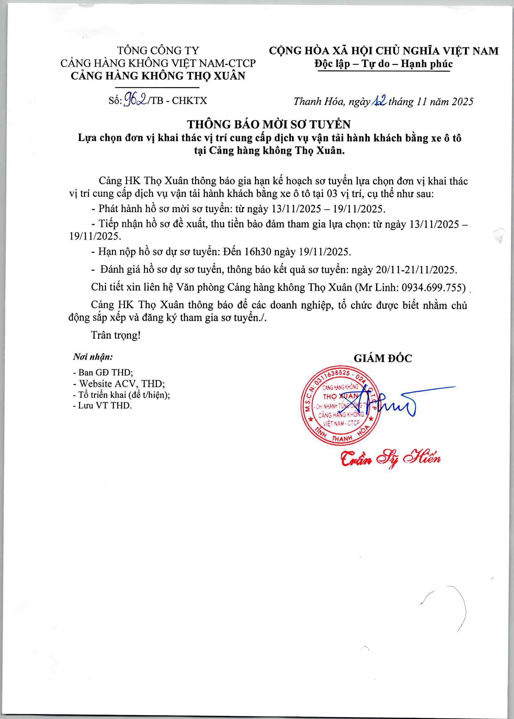 THÔNG BÁO MỜI SƠ TUYỂN .Lựa chọn đơn vị khai thác vị trí và cung cấp dịch vụ vận tải hành khách bằng xe ô tô tại Cảng hàng không Thọ Xuân.