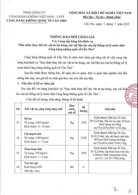 THÔNG BÁO MỜI CHÀO GIÁ " Cung cấp hàng hóa/dịch vụ Sữa chữa thay thế các vật tư hư hỏng, các vật liệu lọc của hệ thống xử lý nước thải- Cảng hàng không quốc tế Cần Thơ "|LOCAL_PATH:crawled_data/images/featured_69516dcbf3ae.jpg