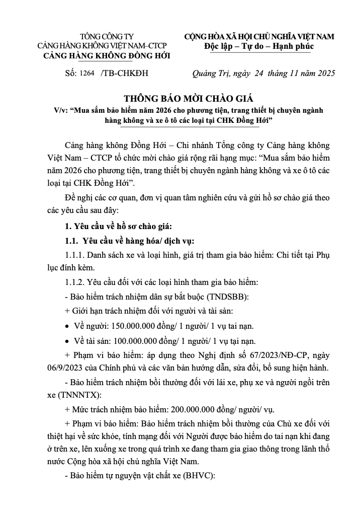 THÔNG BÁO MỜI CHÀO GIÁ V/v: “Mua sắm bảo hiểm năm 2026 cho phương tiện, trang thiết bị chuyên ngành hàng không và xe ô tô các loại tại CHK Đồng Hới”|LOCAL_PATH:crawled_data/images/featured_6999600727a2.png