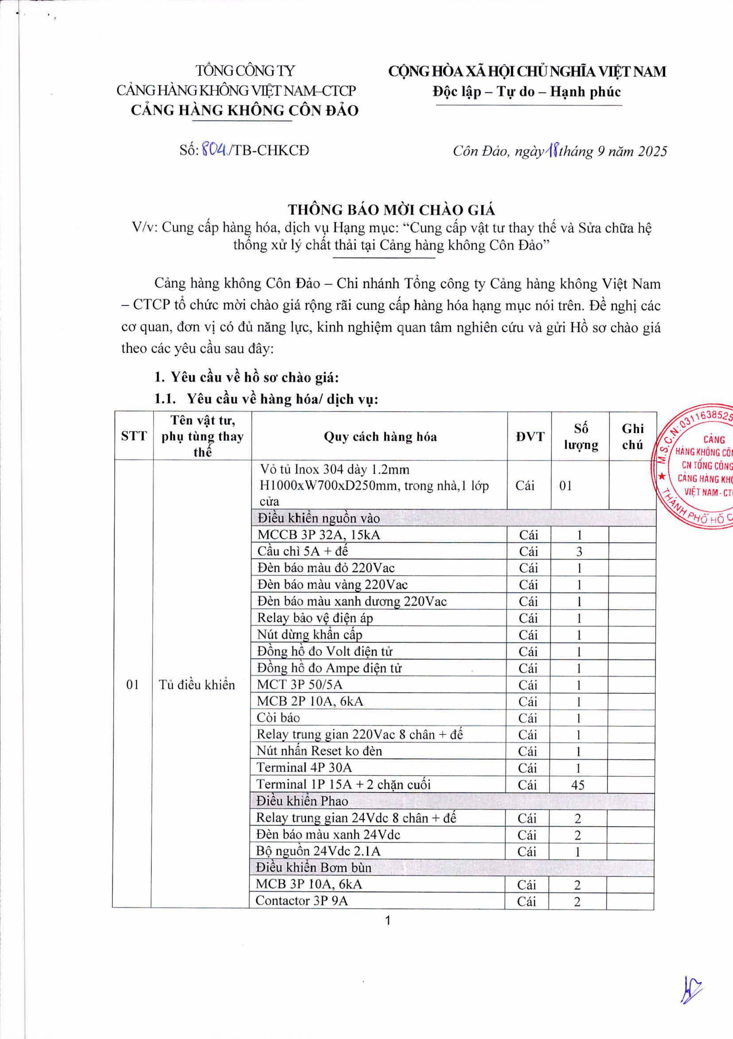 THÔNG BÁO MỜI CHÀO GIÁ V/v: Cung cấp hàng hóa, dịch vụ Hạng mục: “Cung cấp vật tư thay thế và Sửa chữa hệ thống xử lý chất thải tại Cảng hàng không Côn Đảo”|LOCAL_PATH:crawled_data/images/featured_6f3f948e16ba.jpg
