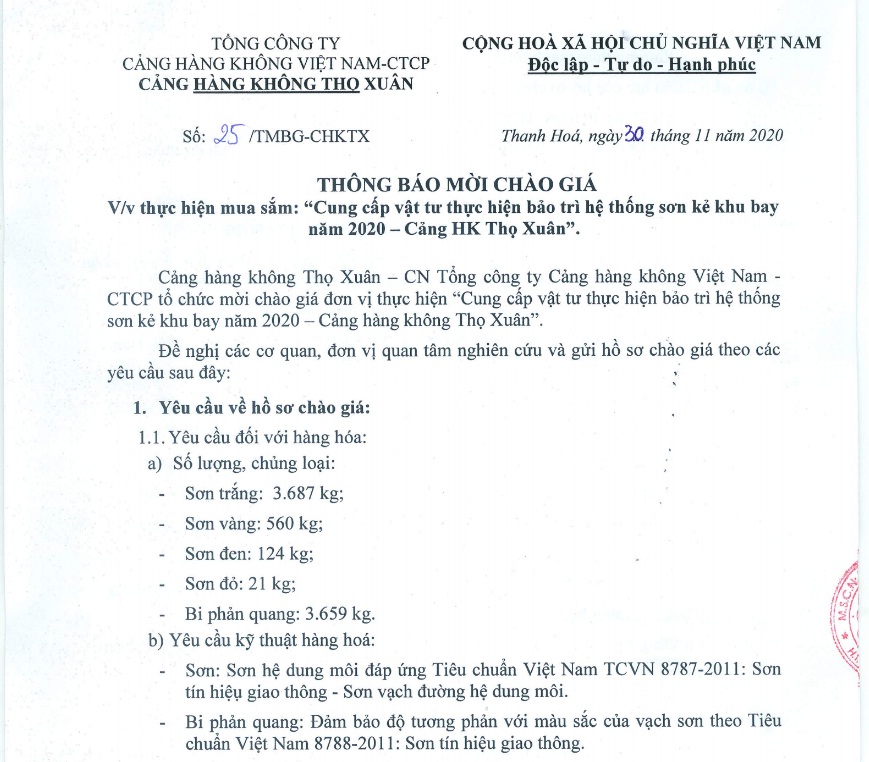 THÔNG BÁO MỜI CHÁO GIÁ: V/v thực hiện mua sắm: " Cung cấp vật tư thực hiện bảo trì hệ thống sơn kẻ khu bay năm 2020 - Cảng HK Thọ Xuân ".|LOCAL_PATH:crawled_data/images/featured_6f53eb7ca133.jpg