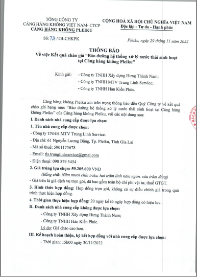Thông báo về việc Kết quả mời chào giá "Bảo dưỡng hệ thống xử lý nước thải sinh hoạt tại Cảng hàng không Pleiku"|LOCAL_PATH:crawled_data/images/featured_6fd1a43e23c6.png