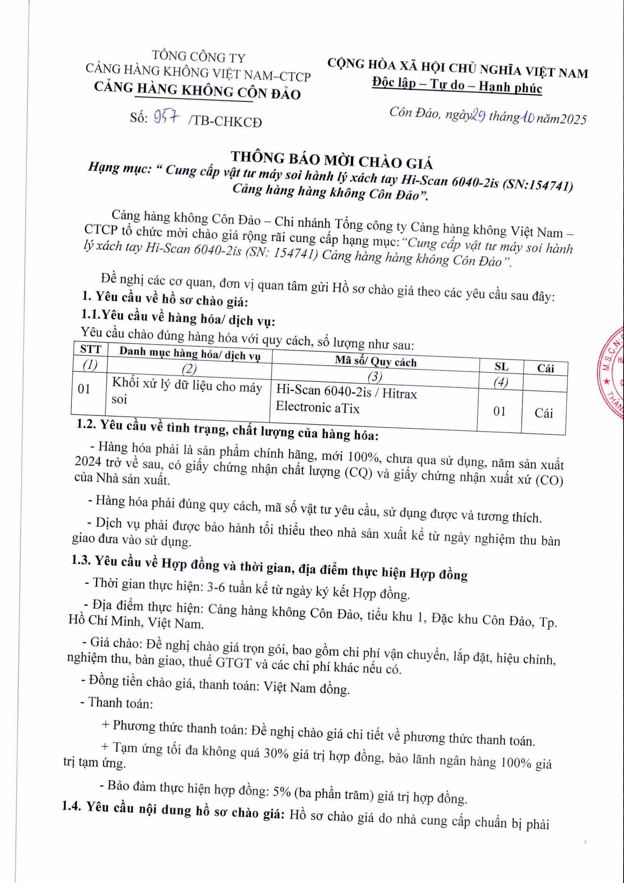 THÔNG BÁO MỜI CHÀO GIÁ Hạng mục: "Cung cấp vật tư máy soi hành lý xách tay Hi-Scan 6040-2is (SN:154741) Cảng hàng không Côn Đảo"|LOCAL_PATH:crawled_data/images/featured_7557610271d8.jpg