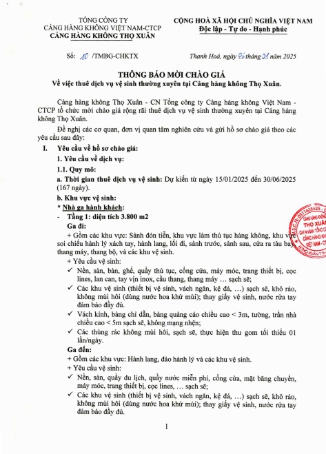 THÔNG BÁO MỜI CHÀO GIÁ: V/V thuê vệ sinh thường xuyên tại Cảng hàng không Thọ Xuân.|LOCAL_PATH:crawled_data/images/featured_785bab64d202.jpg