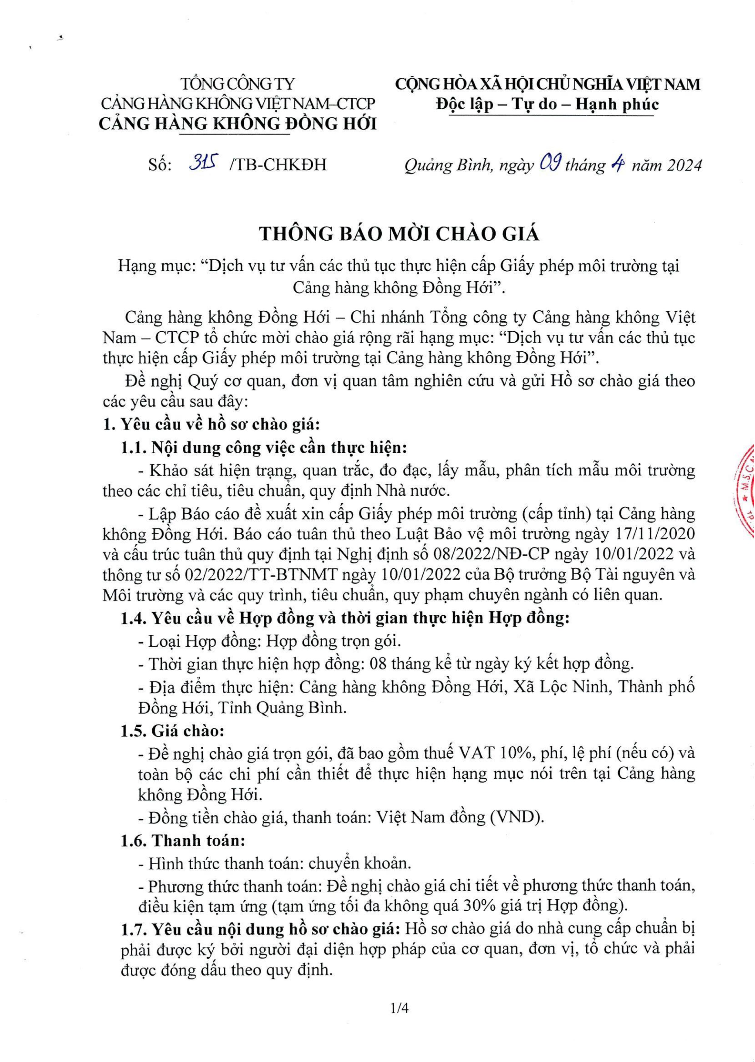 THÔNG BÁO MỜI CHÀO GIÁ V/v " Dịch vụ tư vấn các thủ tục thực hiện cấp Giấy phép môi trường tại Cảng hàng không Đồng Hới"|LOCAL_PATH:crawled_data/images/featured_78e0fe9c4a7a.jpg