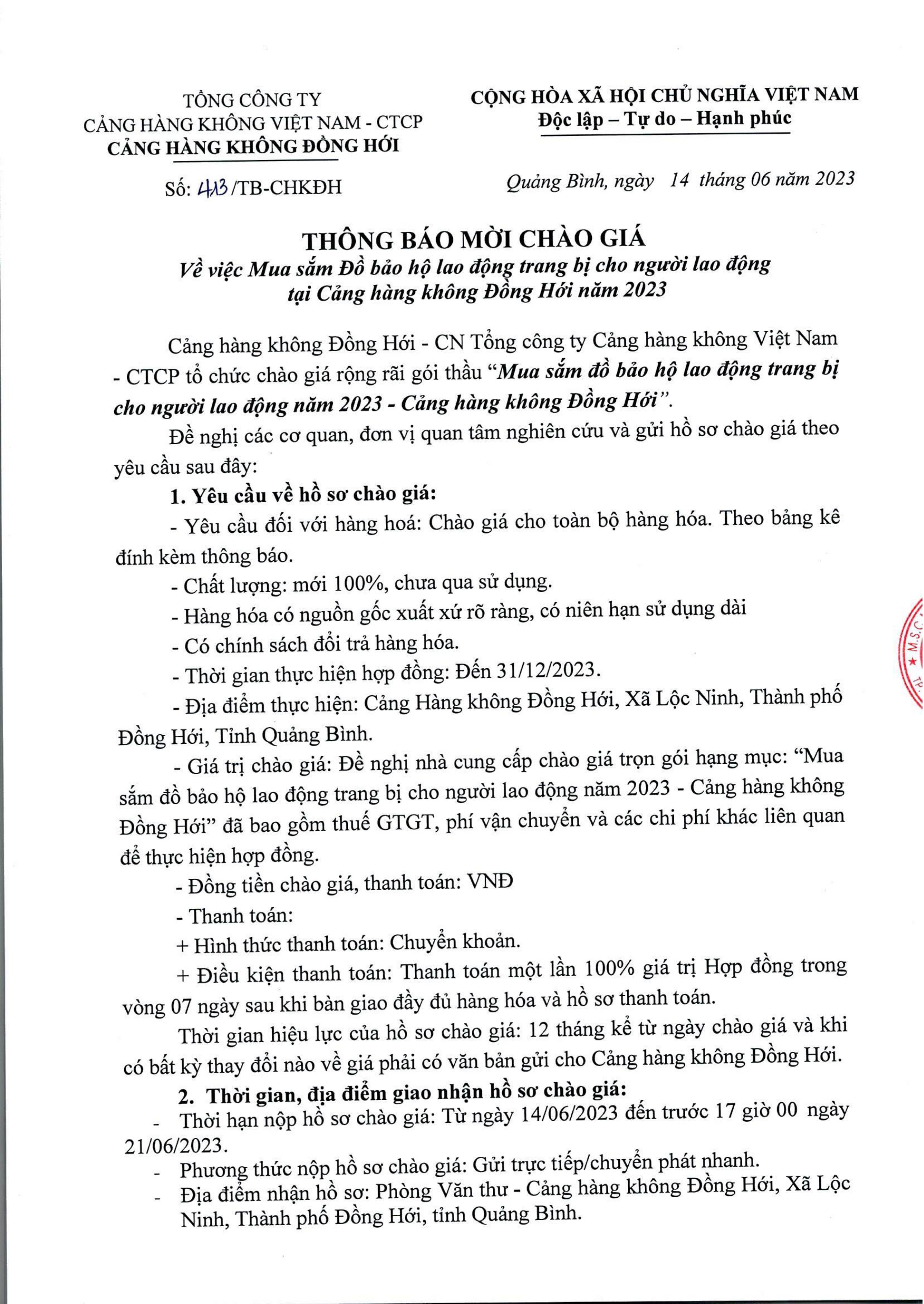 Thông báo mời chào giá: " Về việc Mua sắm Đồ bảo hộ lao động trang bị cho người lao động tại Cảng hàng không Đồng Hới năm 2023"|LOCAL_PATH:crawled_data/images/featured_808e5a3d9c9c.jpg