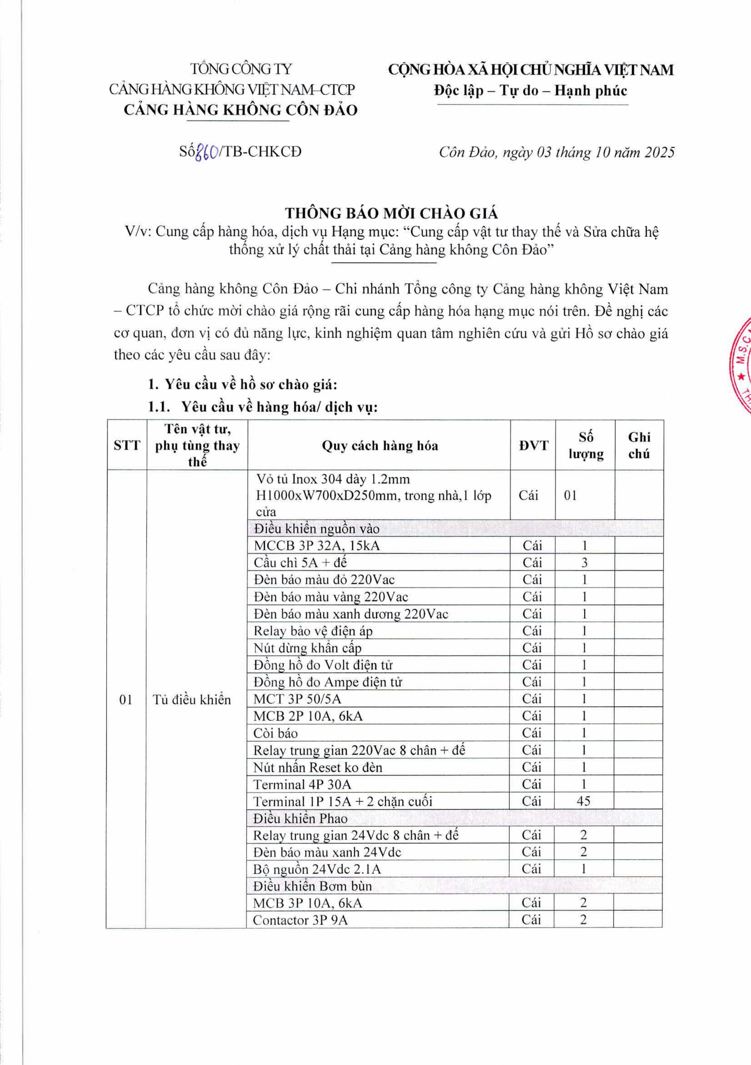 THÔNG BÁO MỜI CHÀO GIÁ V/v: Cung cấp hàng hóa, dịch vụ Hạng mục: "Cung cấp vật tư thay thế và Sữa chữa hệ thống xử lý chất thải tại Cảng hàng không Côn Đảo”|LOCAL_PATH:crawled_data/images/featured_828793d306e0.jpg