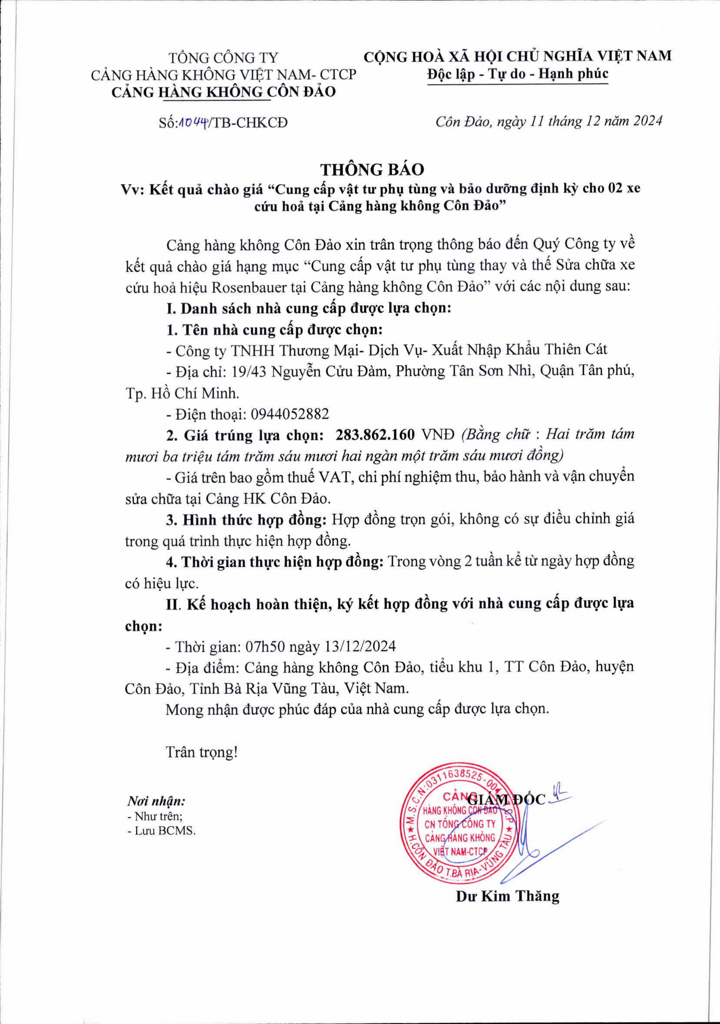 THÔNG BÁO V/v: Kết quả chào giá  "Cung cấp vật tư phụ tùng và bảo dưỡng định kỳ cho 02 xe cứu hỏa tại Cảng hàng không Côn Đảo"|LOCAL_PATH:crawled_data/images/featured_82d8afe3899e.jpg