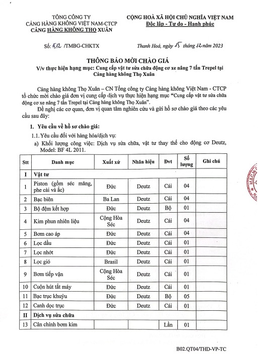 THÔNG BÁO MỜI CHÀO GIÁ: V/v thực hiện hạng mục : Cung cấp vật tư sữa chữa động cơ xe nâng 7 tấn Trepel tại Cảng hàng không Thọ Xuân|LOCAL_PATH:crawled_data/images/featured_831d109a5039.jpg