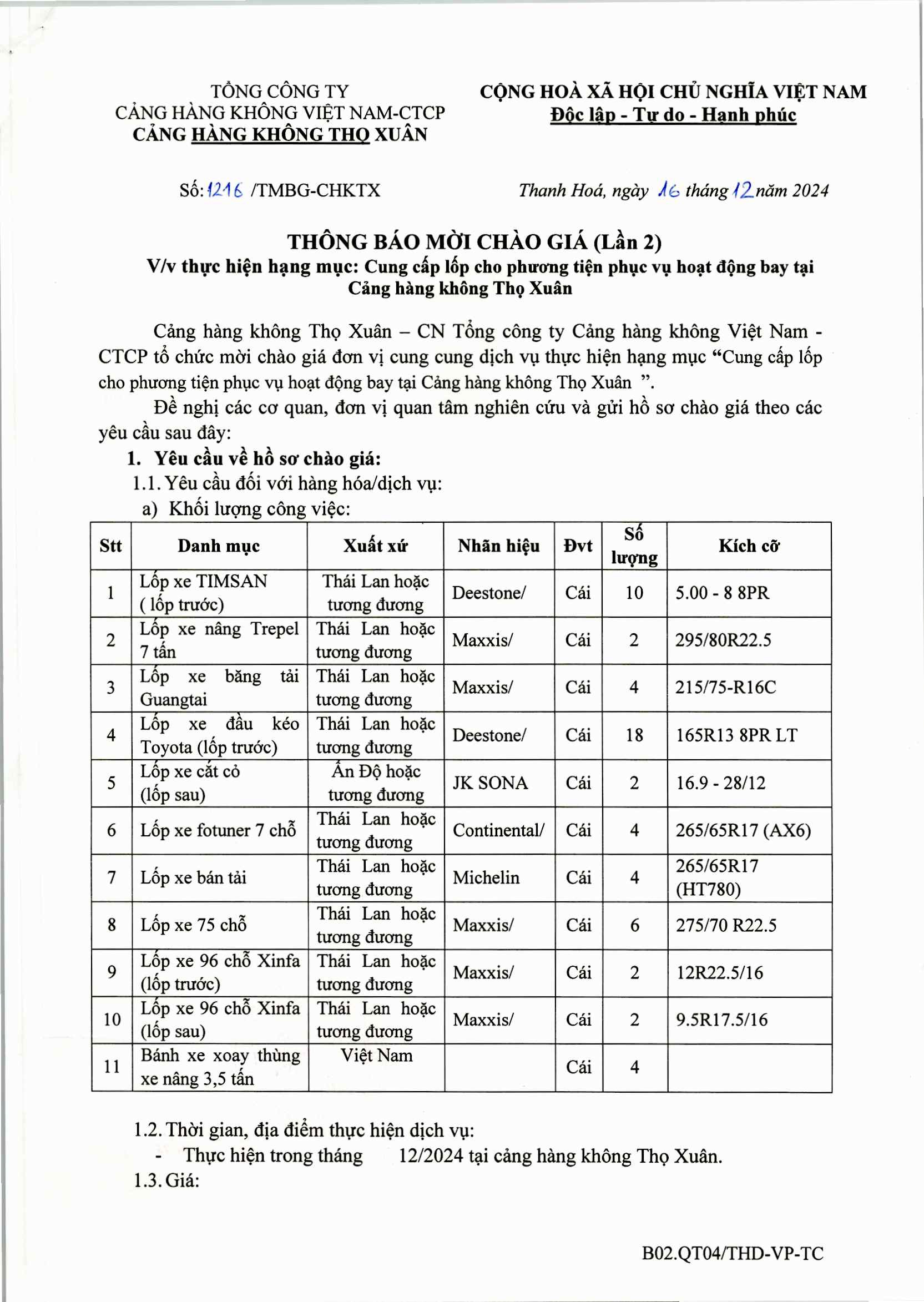 THÔNG BÁO MỜI CHÀO GIÁ ( Lần 2) V/v thực hiện hạng mục: Cung cấp lốp cho phương tiện phục vụ hoạt động bay tại Cảng hàng không Thọ Xuân|LOCAL_PATH:crawled_data/images/featured_8394cc886064.jpg