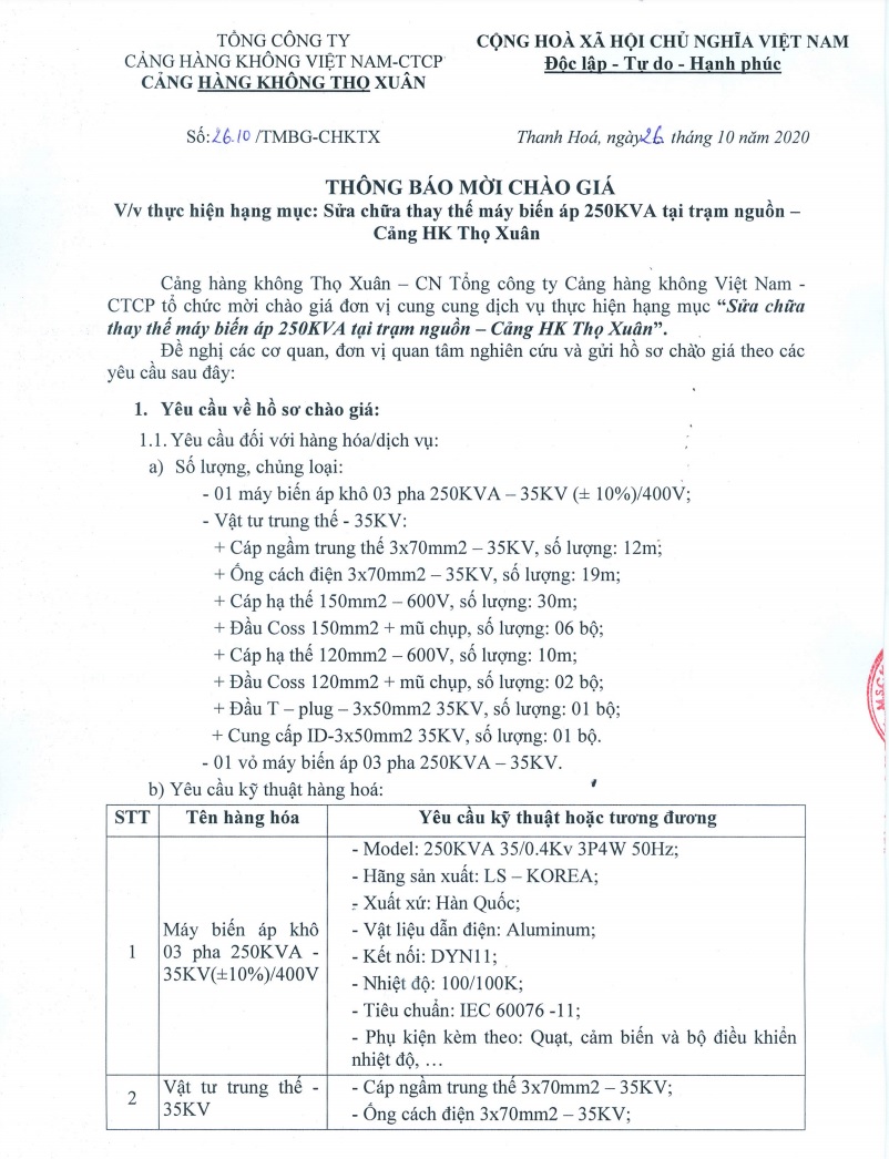 THÔNG BÁO MỜI CHÀO GIÁ.V/v thực hiện hạng mục: Sửa chữa thay thế máy biến áp 250Kva tại trạm nguồn - Cảng hàng không Thọ Xuân|LOCAL_PATH:crawled_data/images/featured_85031b98b465.jpg