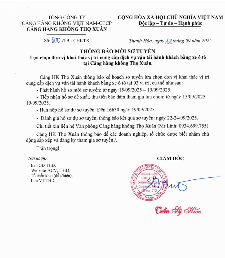 THÔNG BÁO MỜI SƠ TUYỂN : Lựa chọn đơn vị khai thác vị trí cung cấp dịch vụ vận tải hành khách bằng xe ô tô tại Cảng hàng không Thọ Xuân.