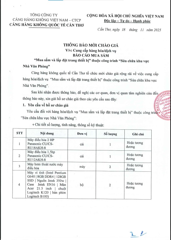Thông Báo Mời Chào Giá "Cung Cấp Hàng Hóa, Dịch Vụ  Mua Sắm và Lắp Đặt Trang Thiết Bị  thuộc công trình Sữa Chữa Khu Vực Nhà Văn Phòng"|LOCAL_PATH:crawled_data/images/featured_8af10212b2bf.jpg